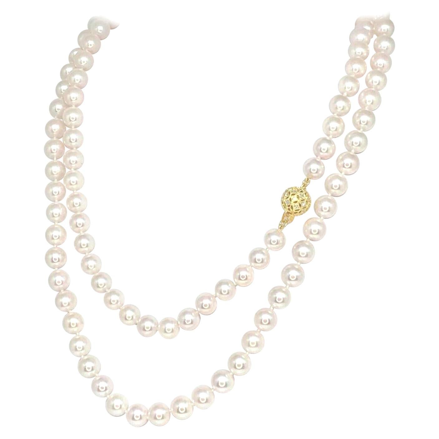 Diamond Akoya Pearl Necklace 14k Gold Certified For Sale