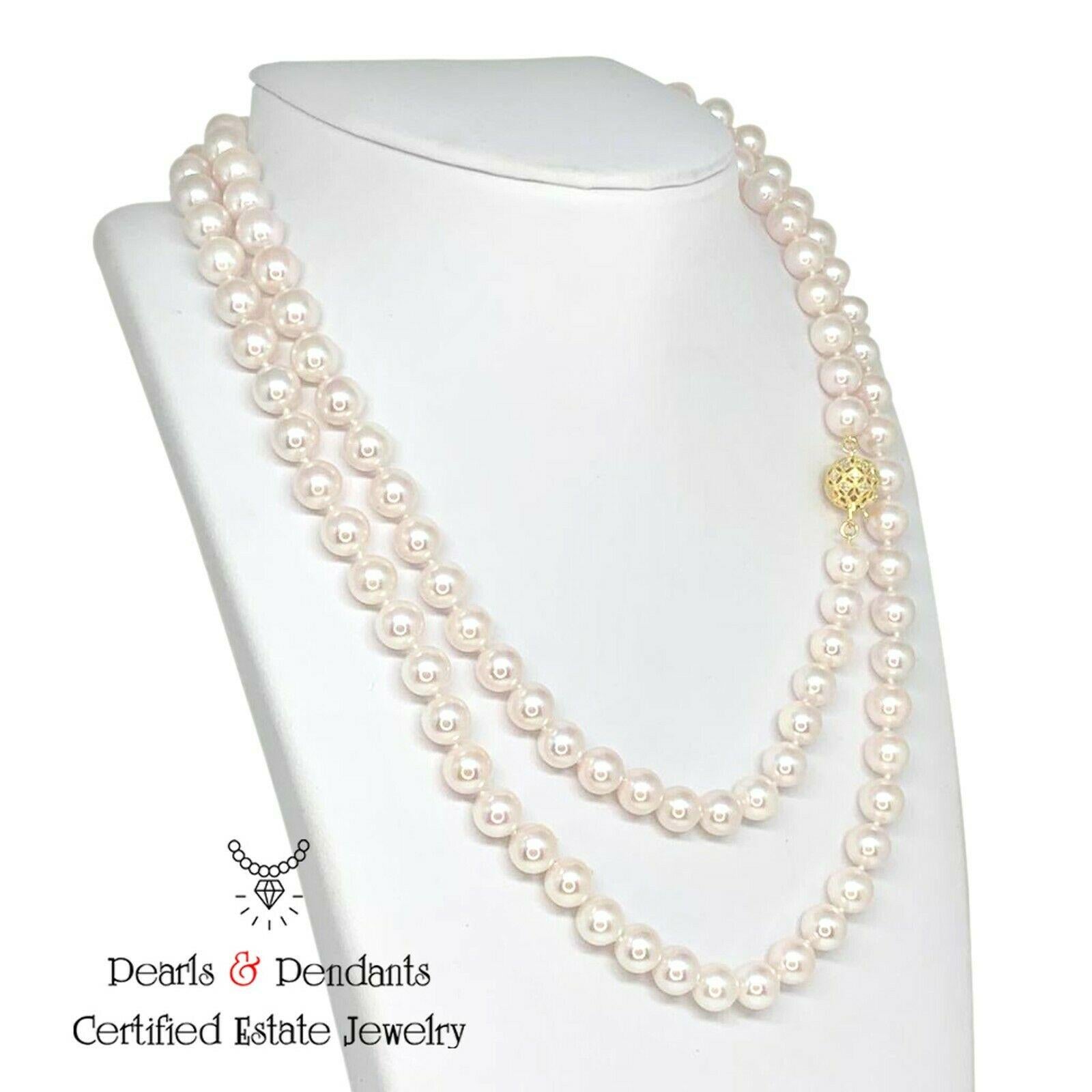 Round Cut Diamond Akoya Pearl Necklace 14k Gold Certified For Sale