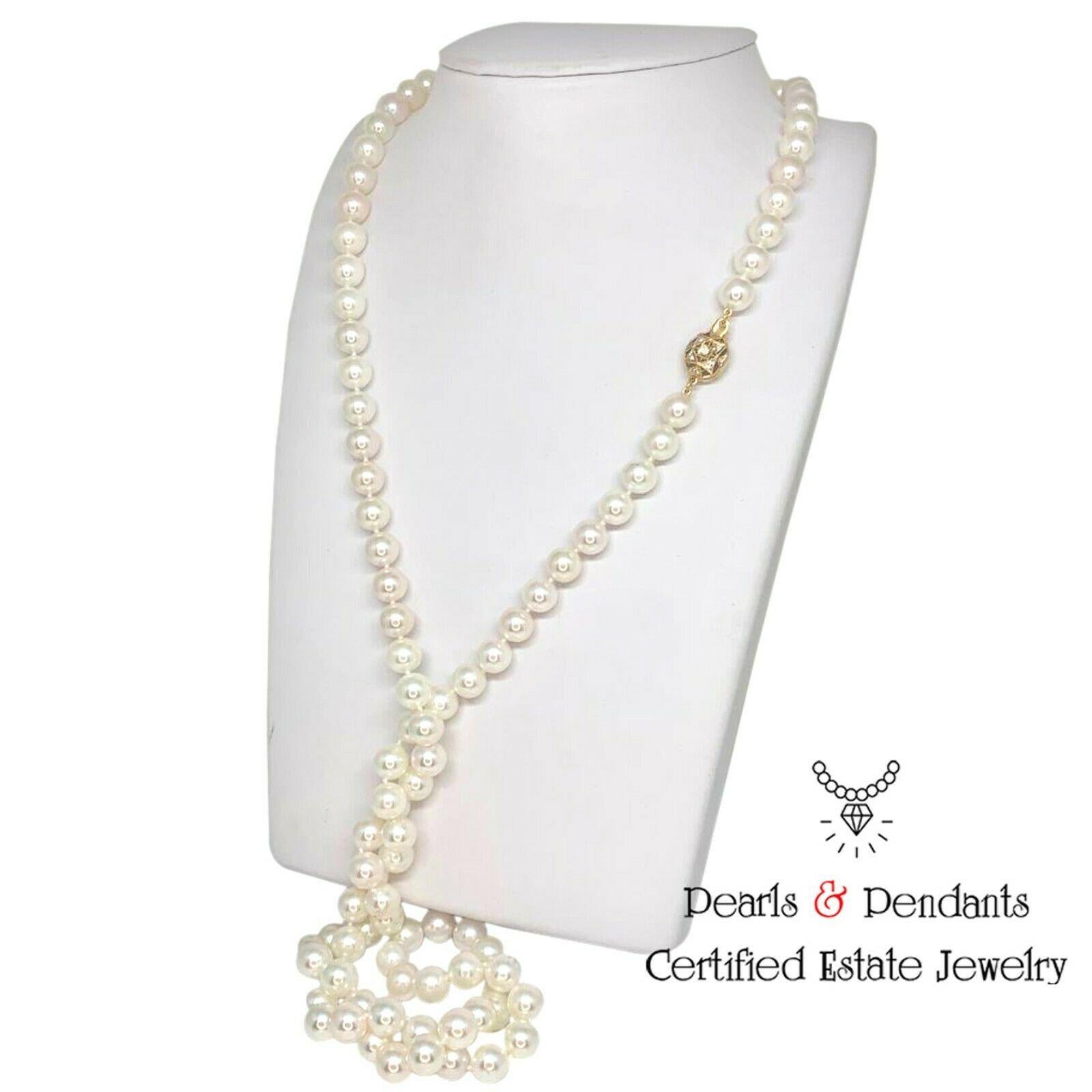 Women's Diamond Akoya Pearl Necklace 14k Gold Certified For Sale