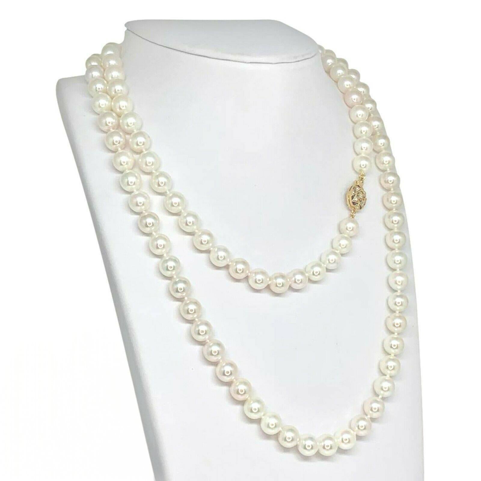 Round Cut Diamond Akoya Pearl Necklace 14k Gold Certified For Sale