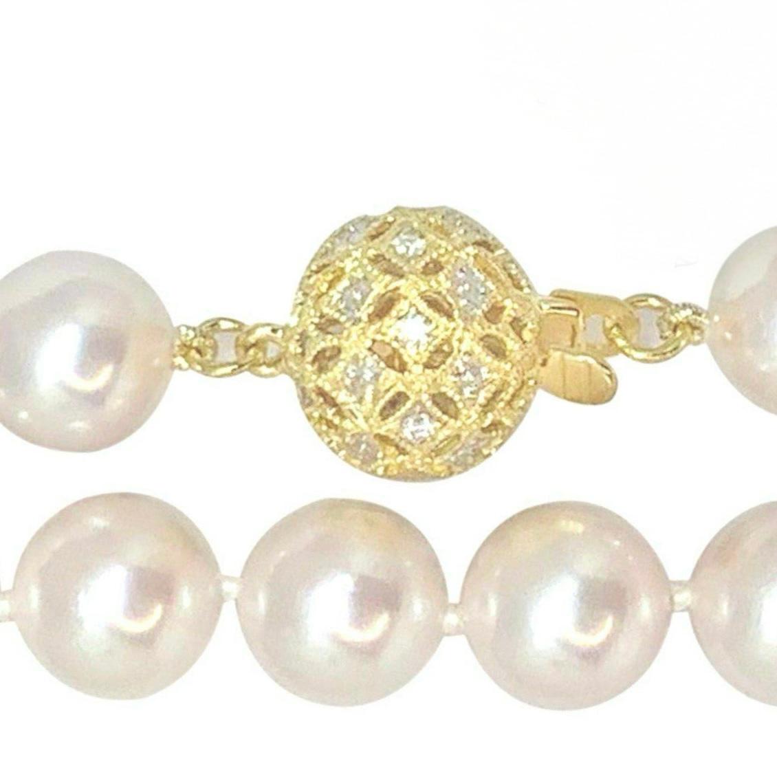 Round Cut Diamond Akoya Pearl Necklace 14k Gold Certified For Sale