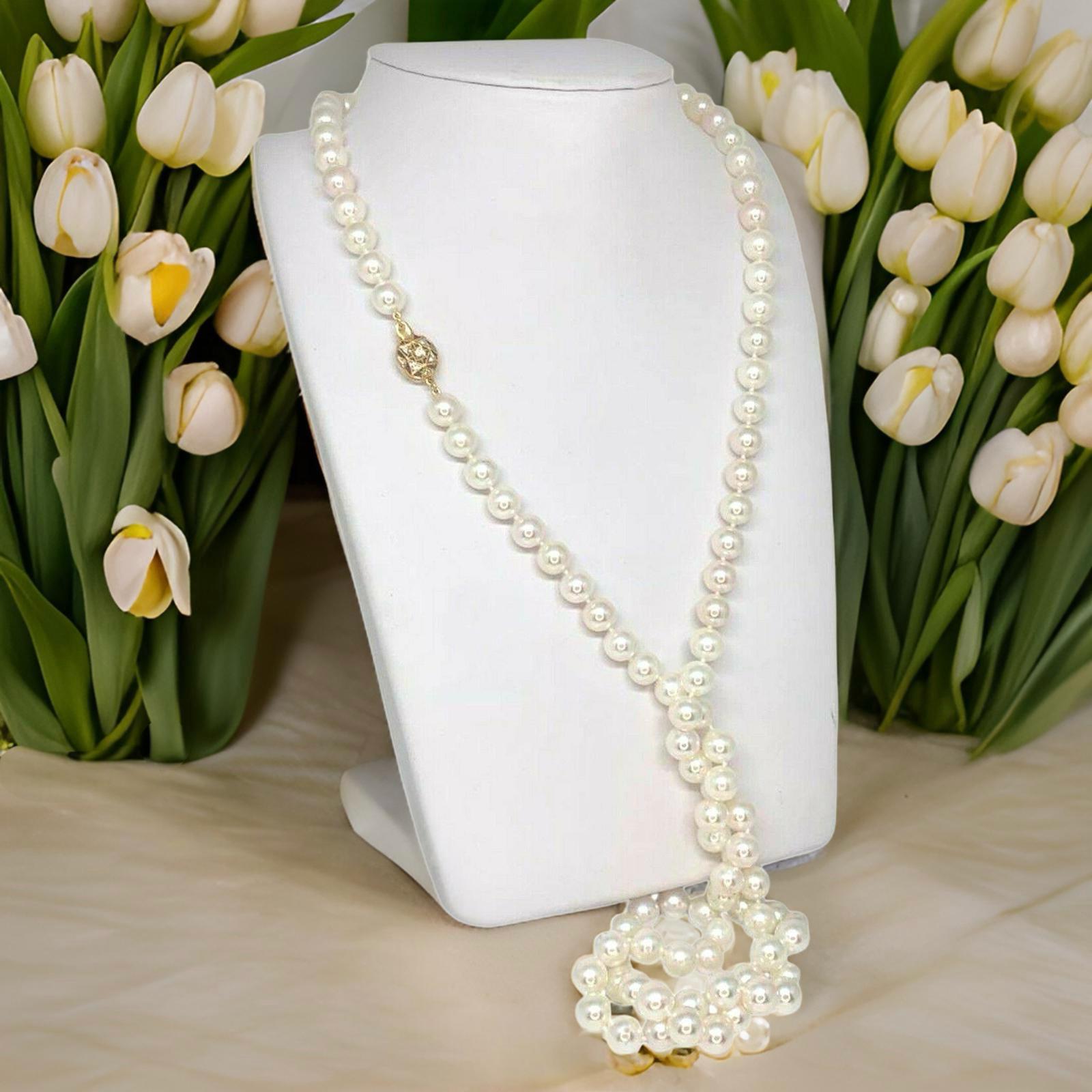 Women's Diamond Akoya Pearl Necklace 14k Gold Certified For Sale