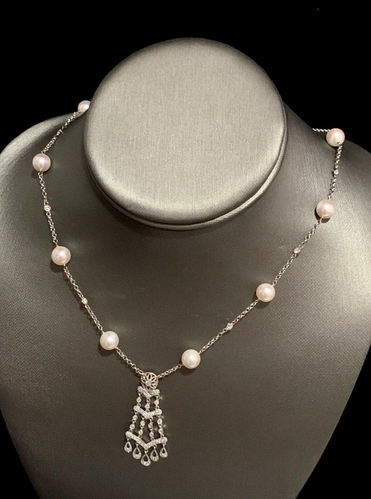 Diamond Akoya Pearl Necklace 14k White Gold Women Certified In New Condition In Brooklyn, NY