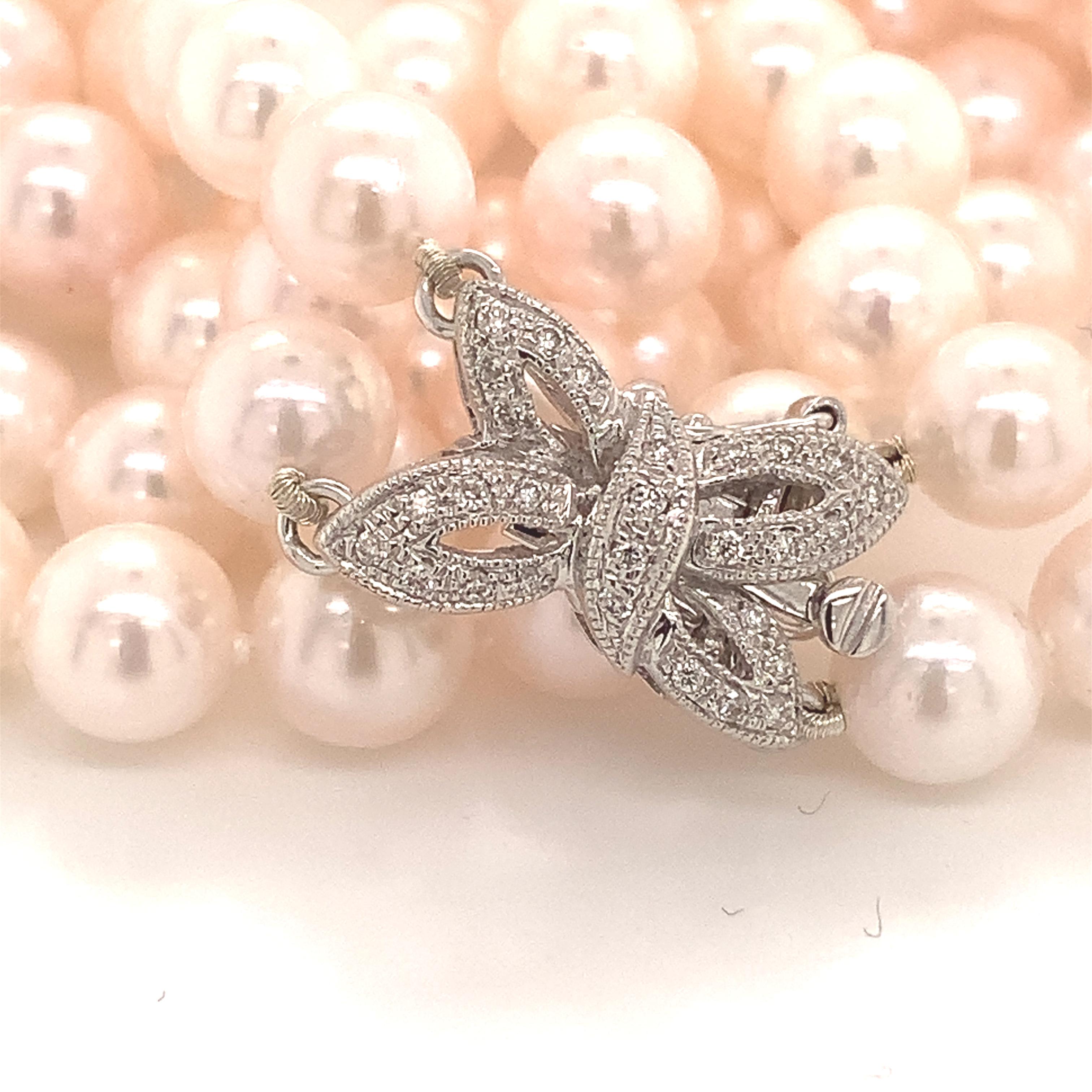 Taille ronde Collier de perles Akoya en or 14 carats avec diamants certifiés 6,5 mm en vente