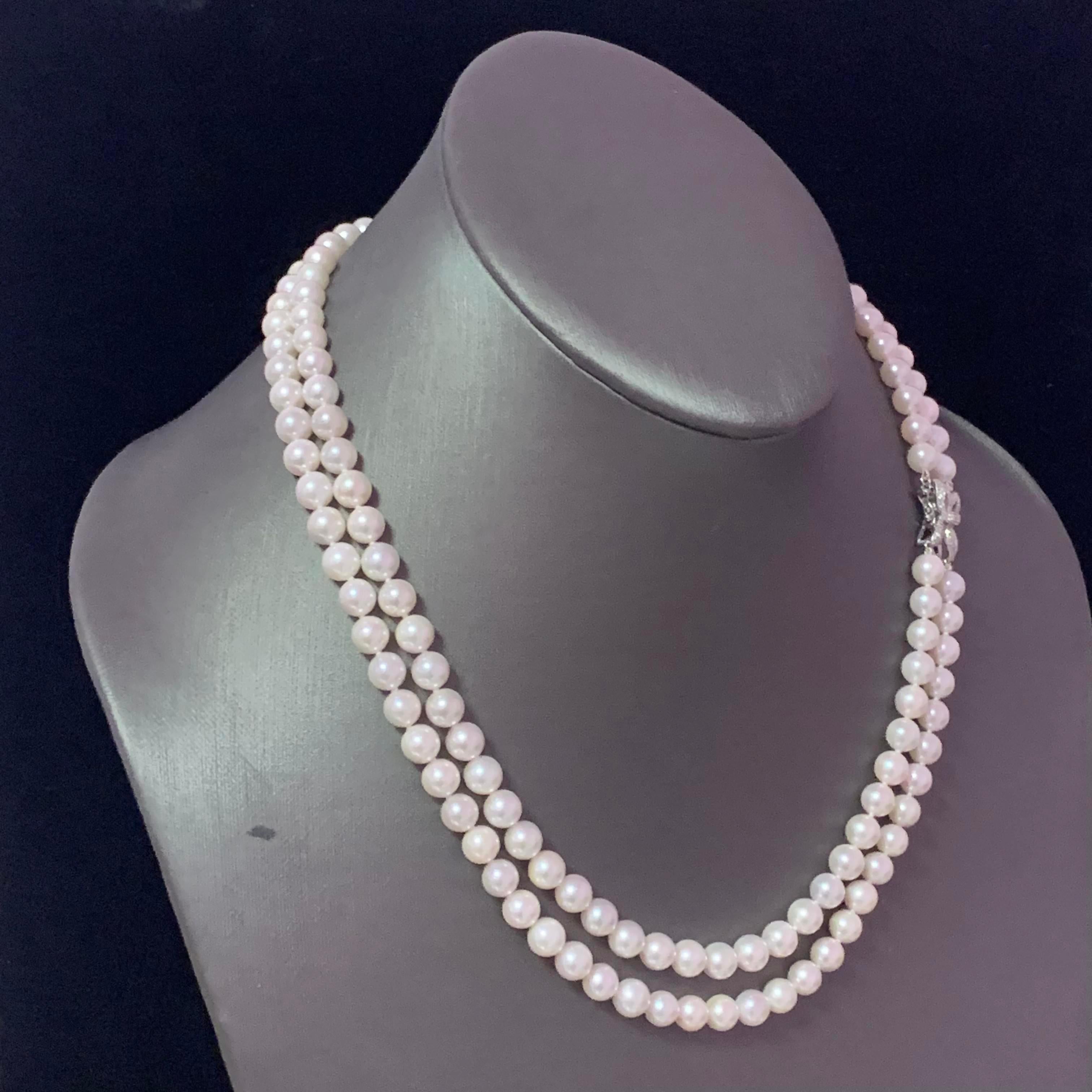 Collier de perles Akoya en or 14 carats avec diamants certifiés 6,5 mm Neuf - En vente à Brooklyn, NY