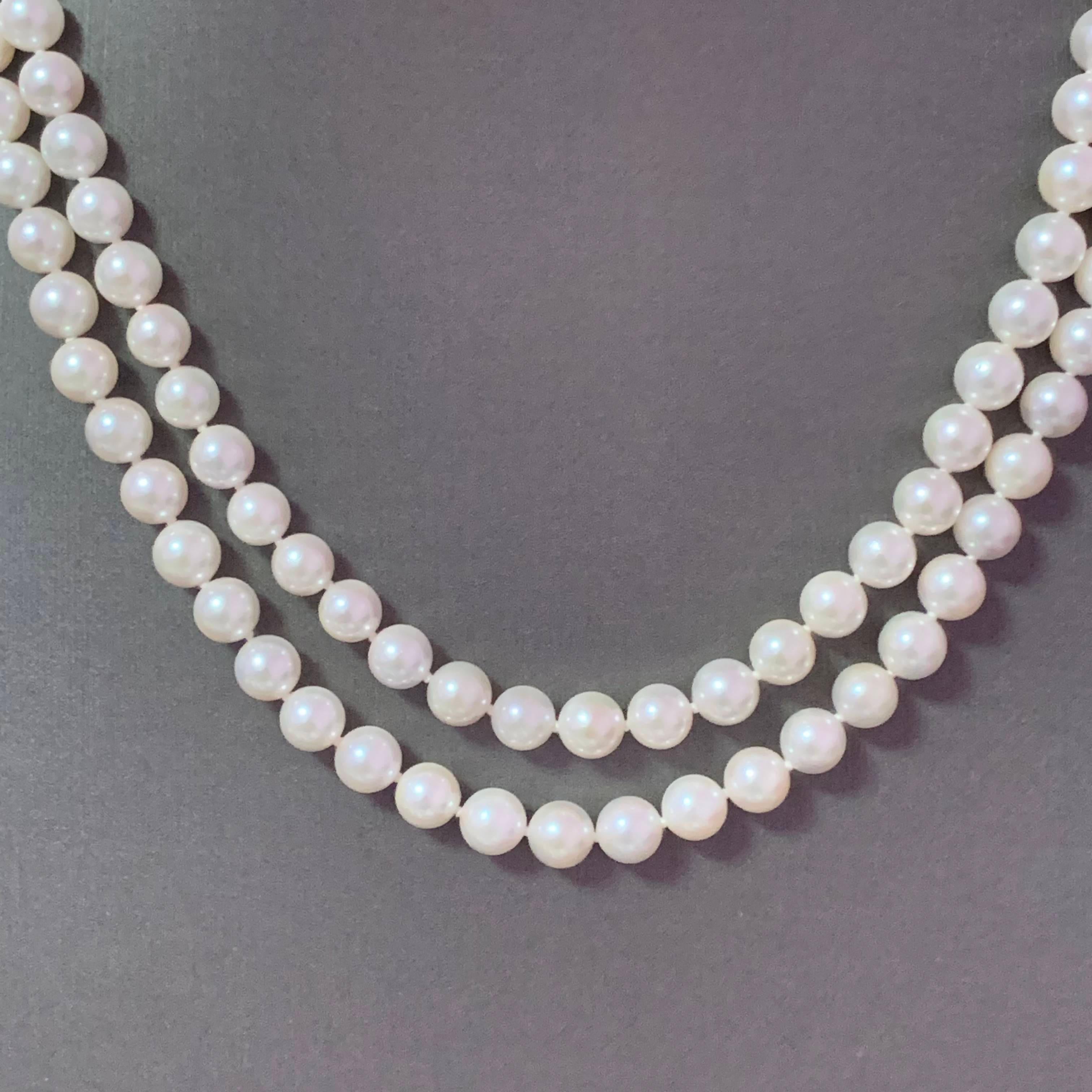 Round Cut Diamond Akoya Pearl Necklace 14k Gold Certified For Sale