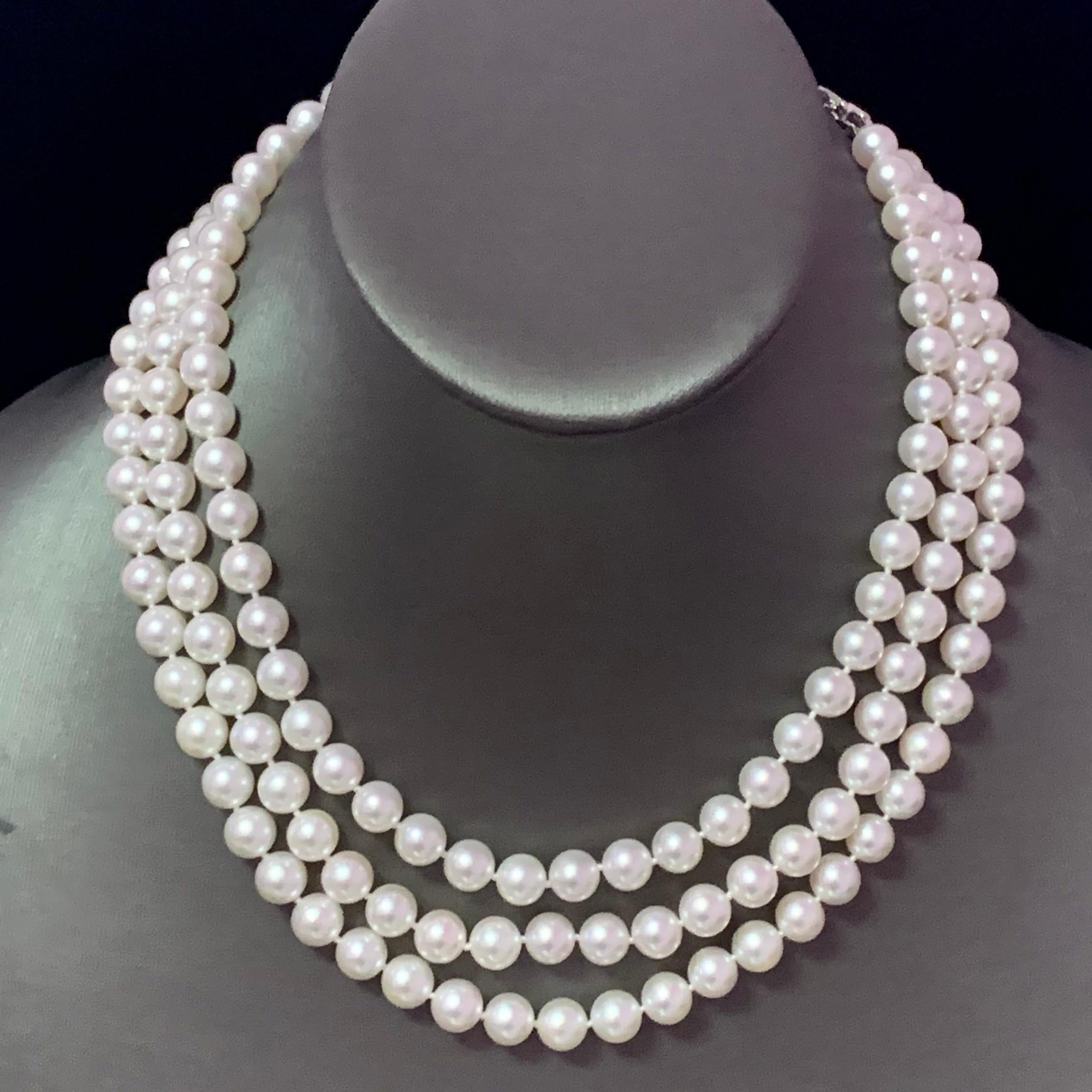 Round Cut Diamond Akoya Pearl Necklace 14k Gold Certified