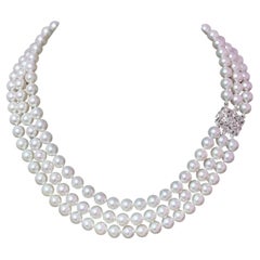 Diamond Akoya Pearl Necklace 14k Gold Certified