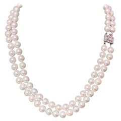 Diamond Akoya Pearl Necklace 2-Strand 14k WG Certified