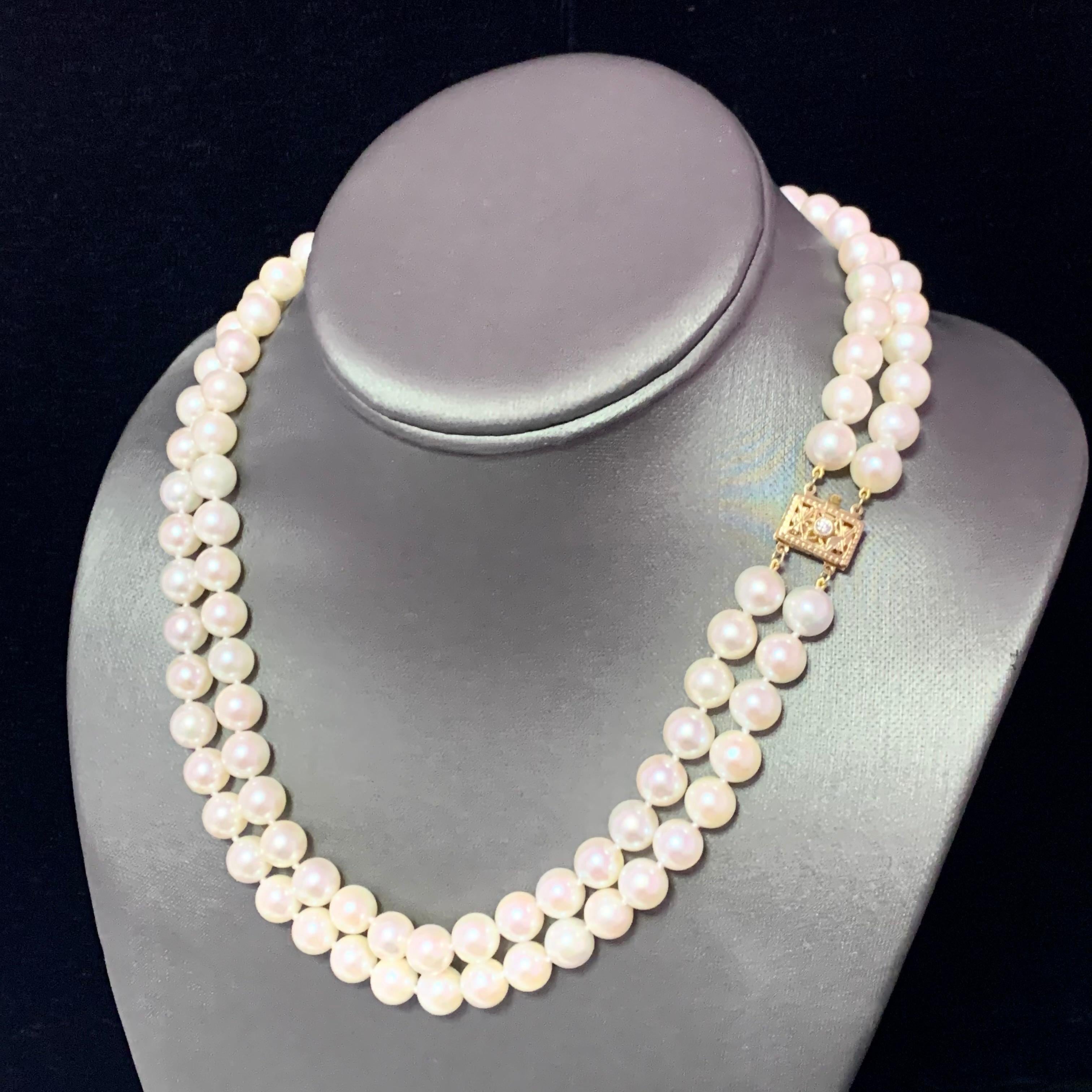Diamond Akoya Pearl Necklace 2-Strand 14k Yellow Gold 8.5 mm Certified In New Condition In Brooklyn, NY