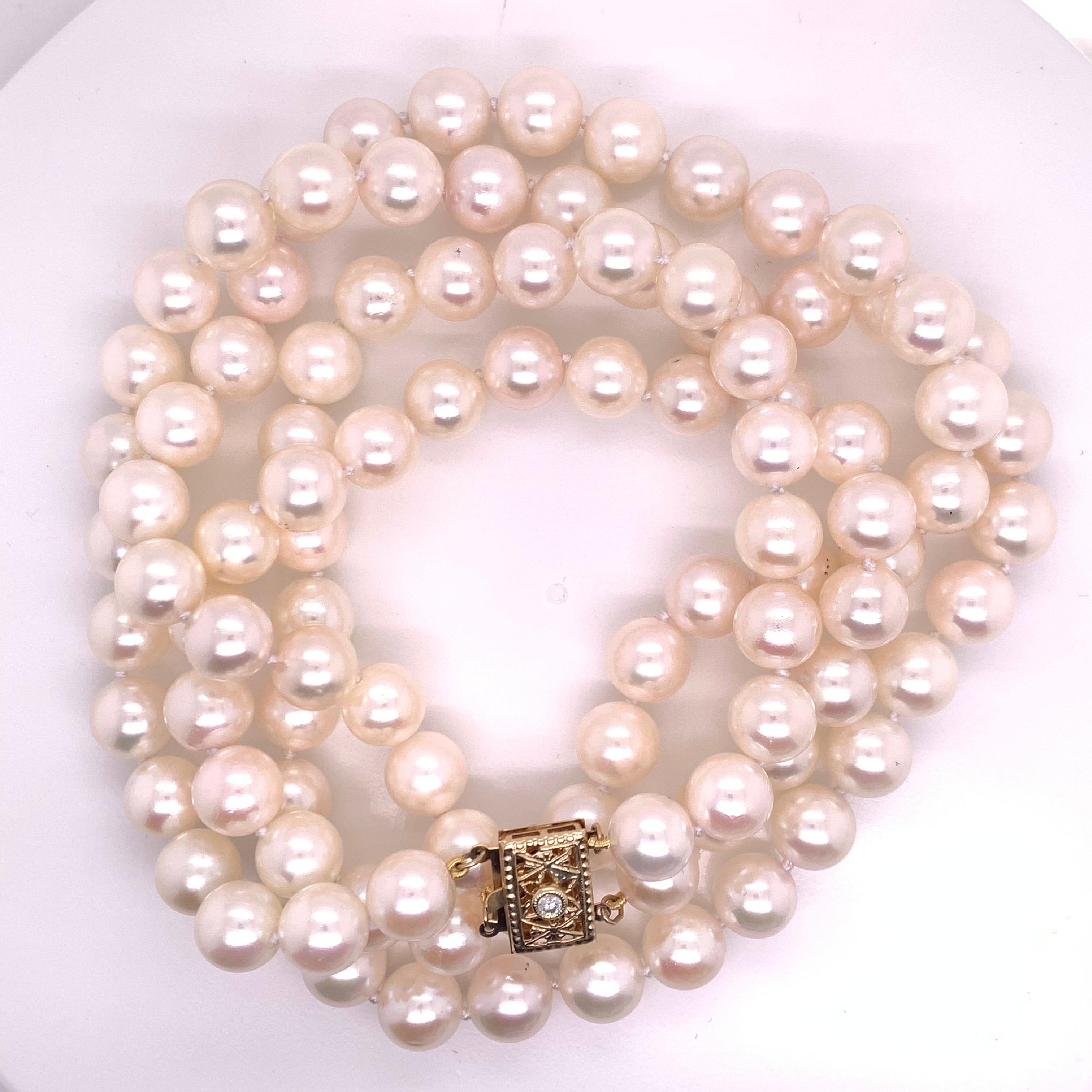 Diamond Akoya Pearl Necklace 2-Strand 14k Yellow Gold 8.5 mm Certified 1