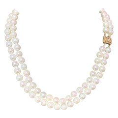 Diamond Akoya Pearl Necklace 2-Strand 14k Yellow Gold Certified