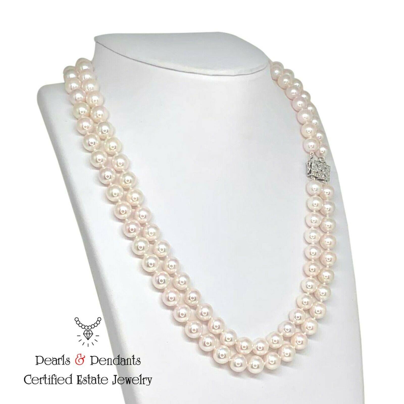 Diamant-Diamant- Akoya-Perlenkette 14k Gold 2-Strand zertifiziert (Moderne) im Angebot
