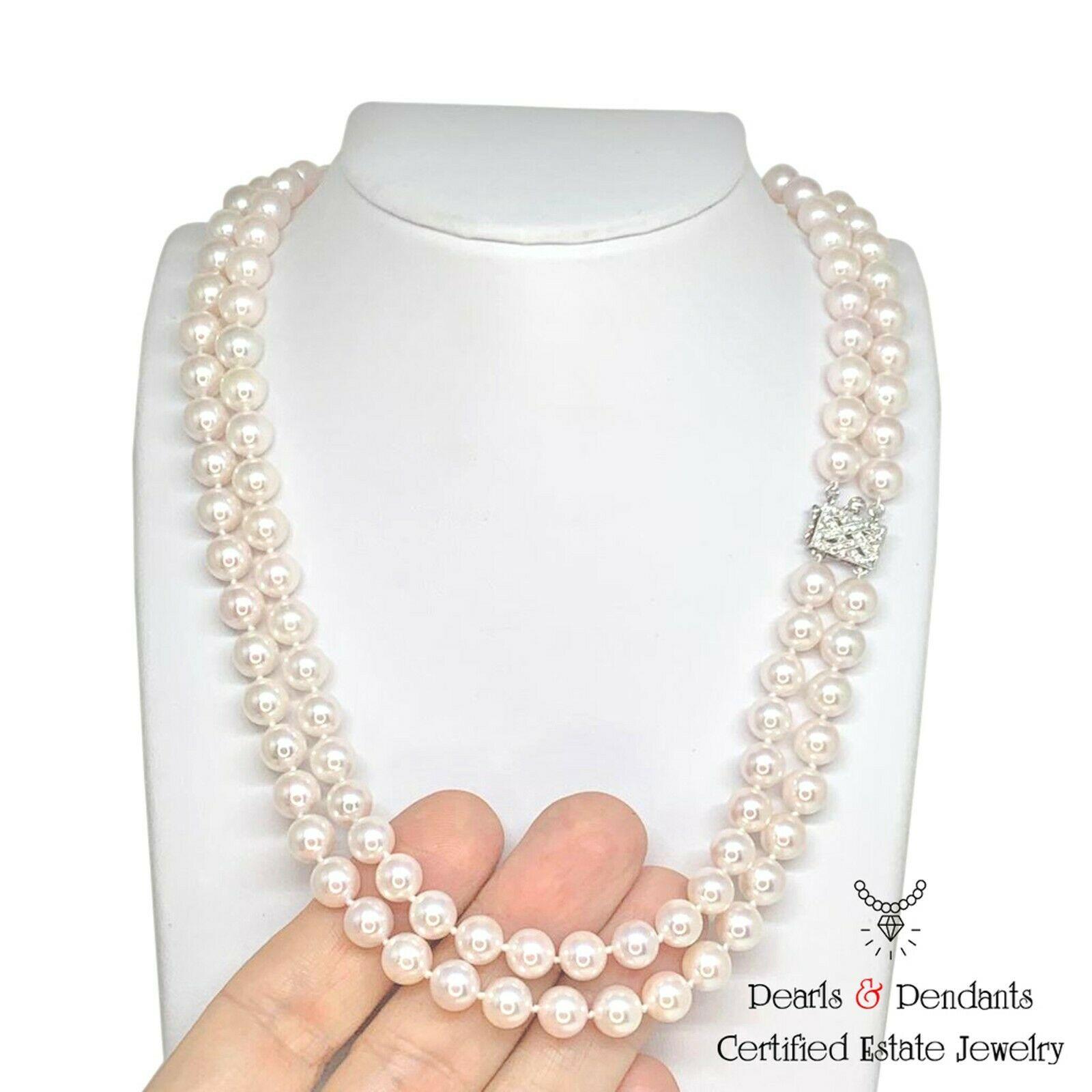 Diamant-Diamant- Akoya-Perlenkette 14k Gold 2-Strand zertifiziert (Rundschliff) im Angebot