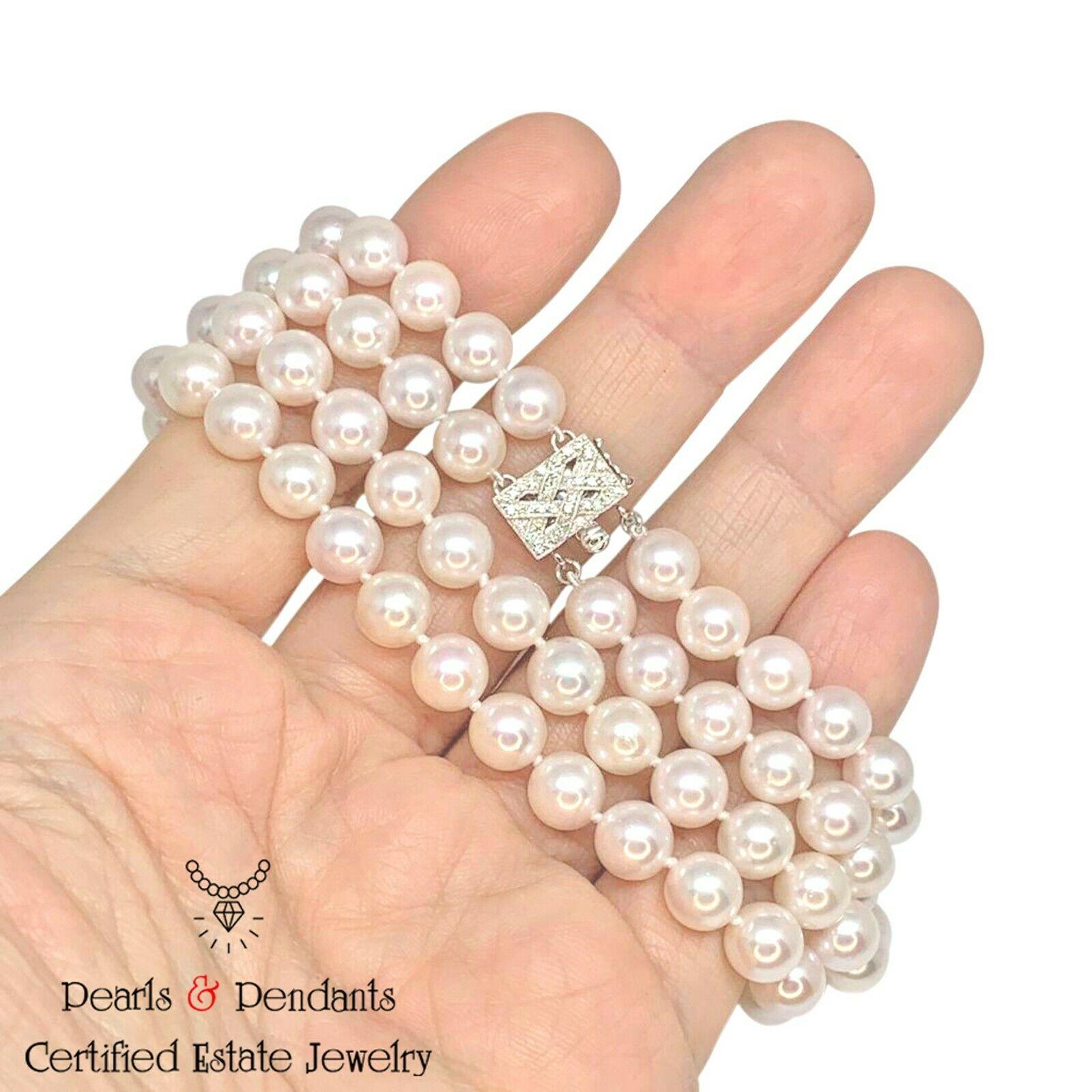 Modern Diamond Akoya Pearl Necklace 14k Gold 2-Strand Certified For Sale