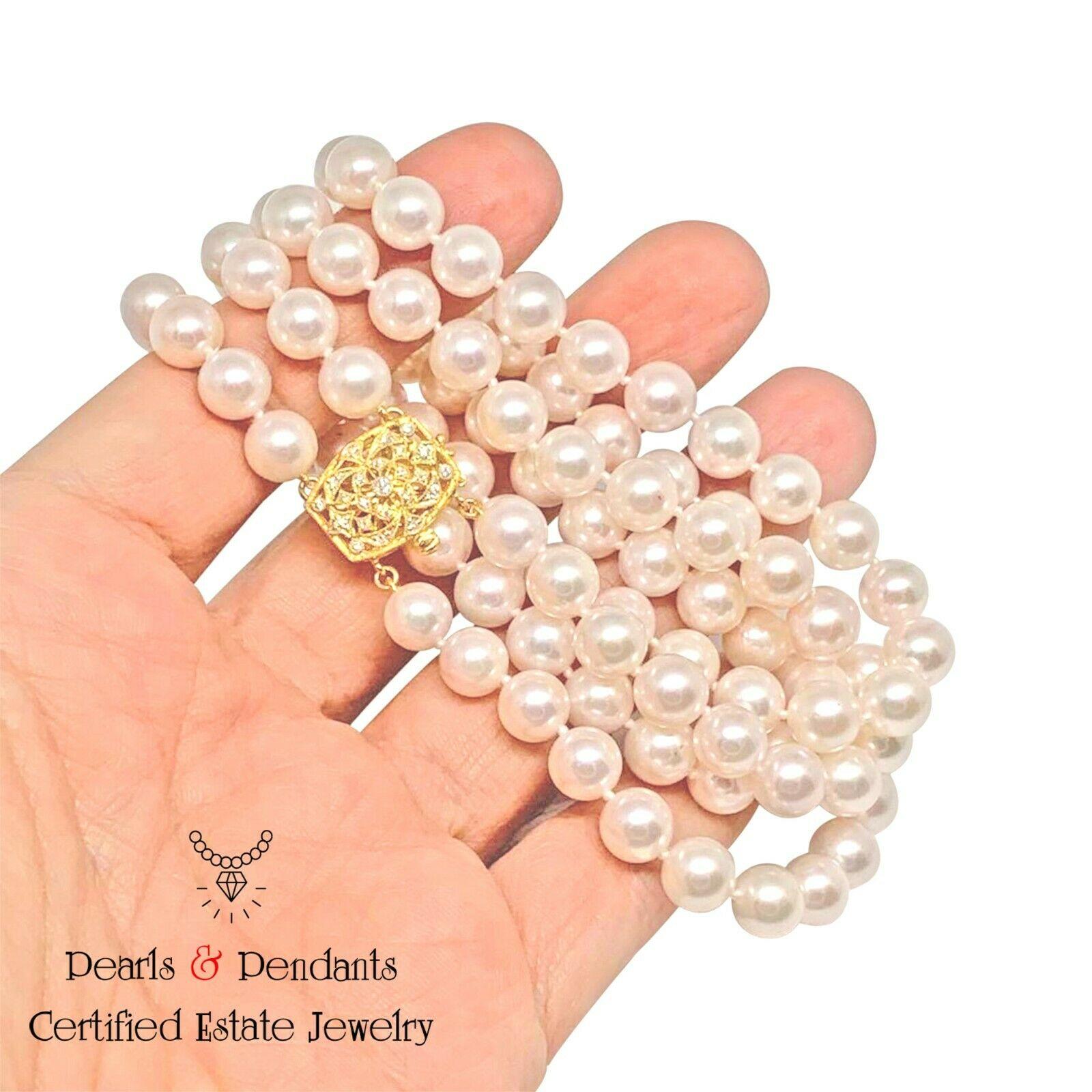 Round Cut Diamond Akoya Pearl Necklace 14k Gold 2-Strand Certified