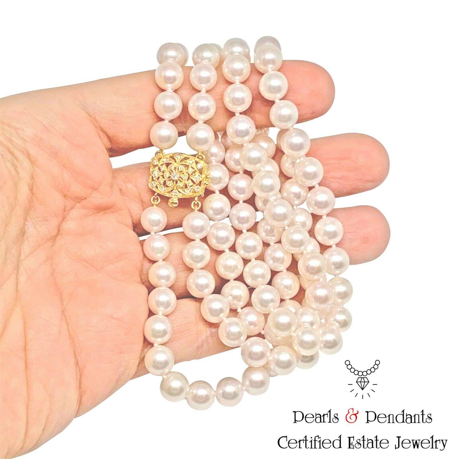 Diamond Akoya Pearl Necklace 14k Gold 2-Strand Certified In New Condition In Brooklyn, NY