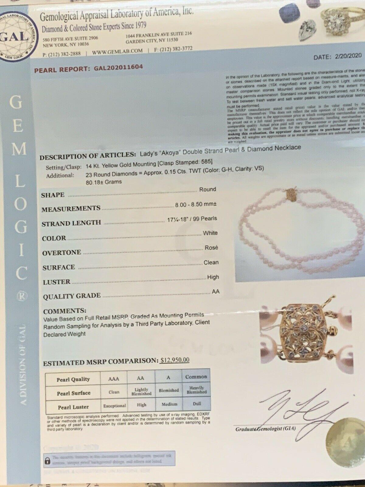 Diamond Akoya Pearl Necklace 14k Gold 2-Strand Certified 1