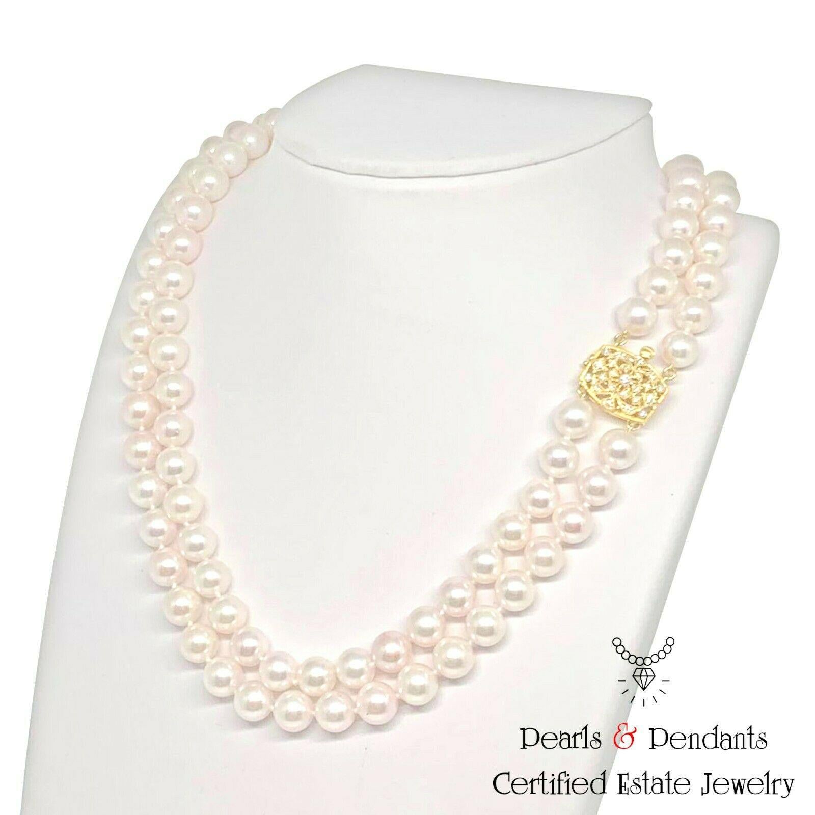 Diamond Akoya Pearl Necklace 14k Gold 2-Strand Certified 2