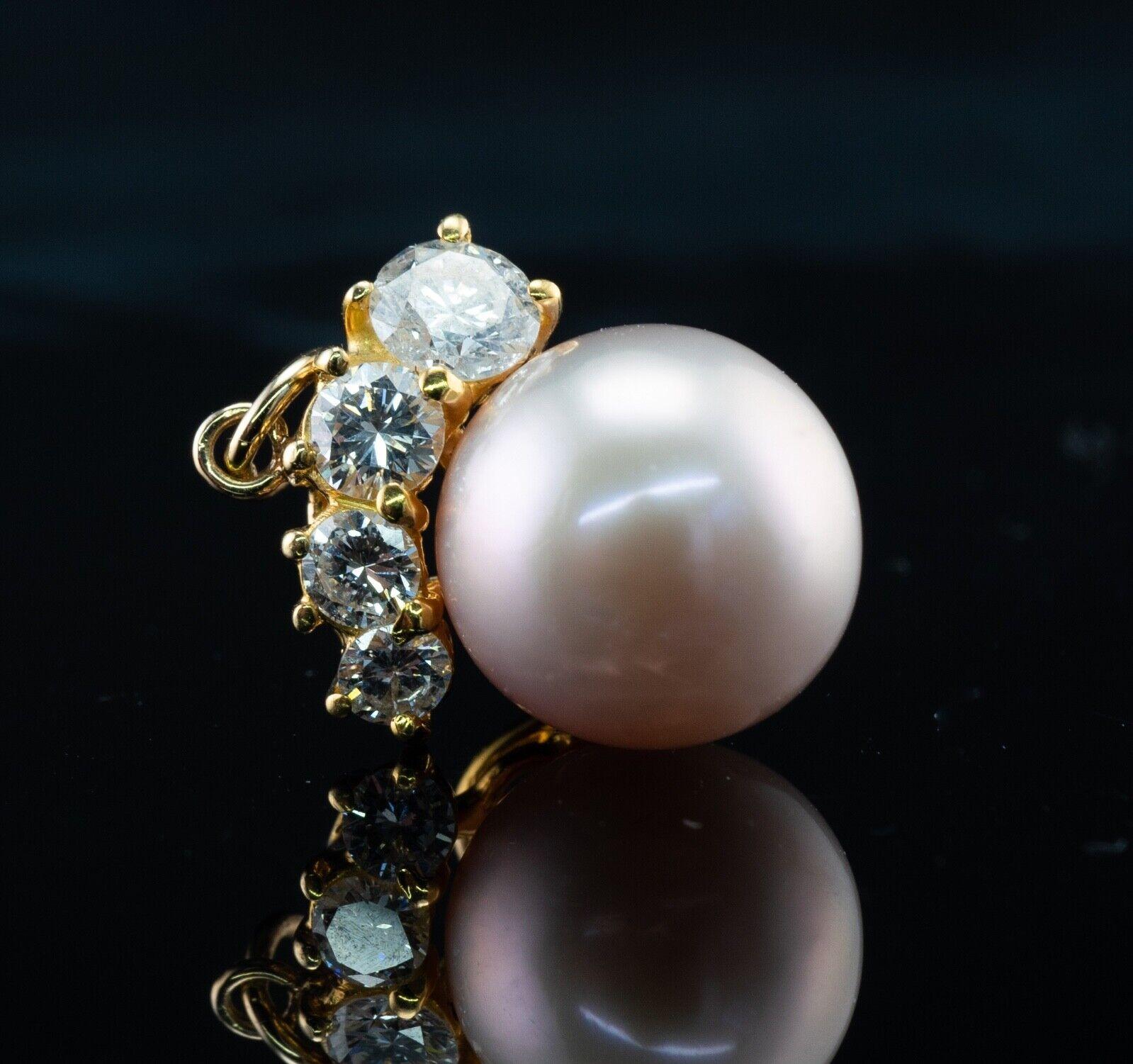 Round Cut Diamond Akoya Pearl Pendant Charm 18K Gold For Sale