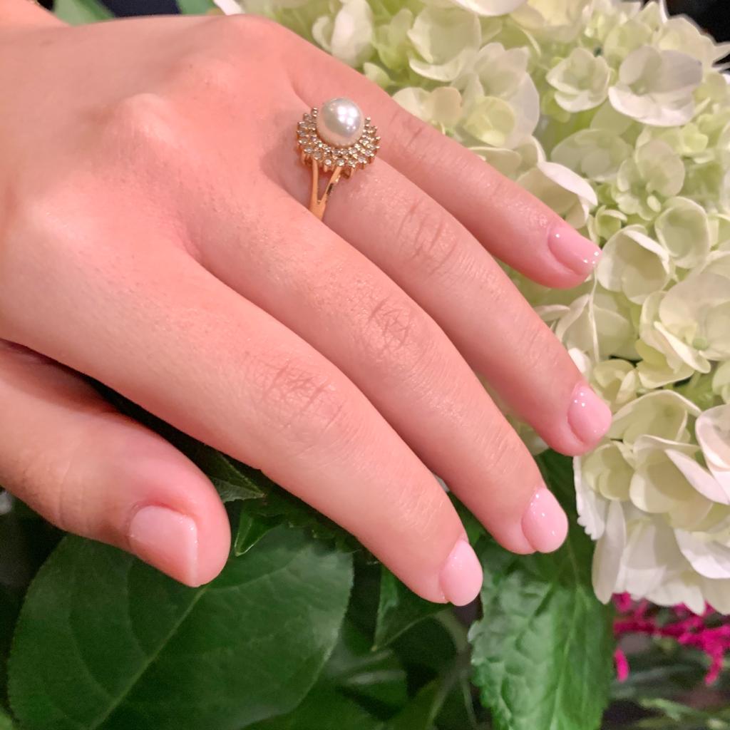Modern Diamond Akoya Pearl Ring 14 Karat Gold Women Certified