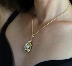 Diamond and Akoya Sea-Water Cultured Pearl Spiral Shell Pendant in 18 Carat Gold