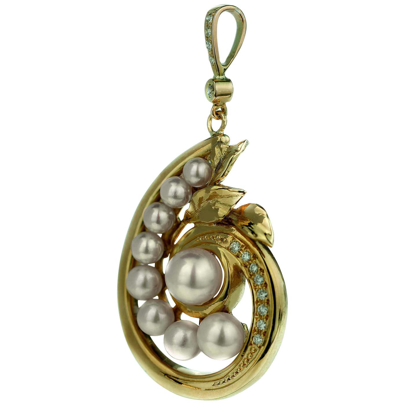 Diamond and Akoya Sea-Water Cultured Pearl Spiral Shell Pendant in 18 ...