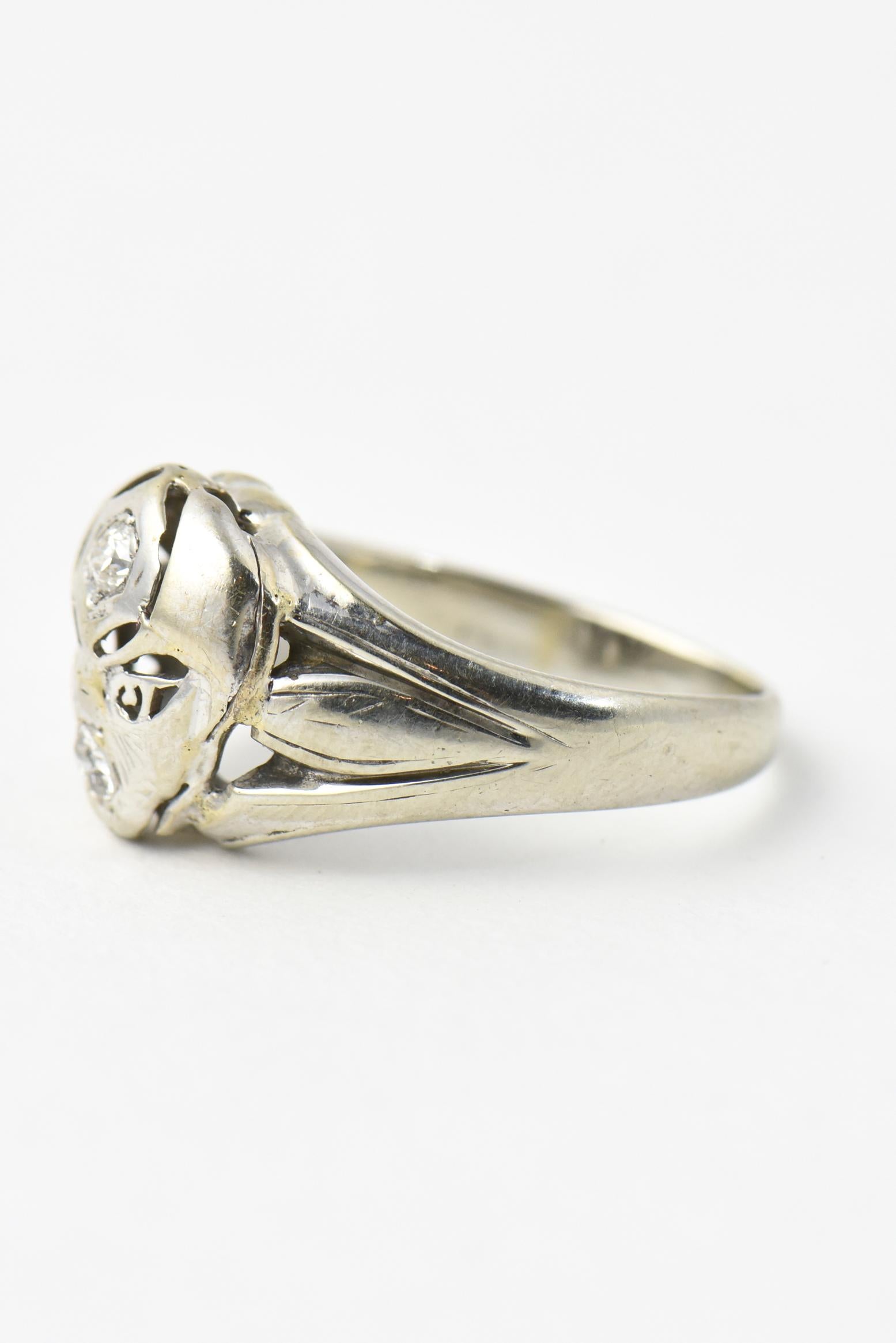 Round Cut Diamond Alien Abstract or Masonic Looking Face White Gold Ring For Sale