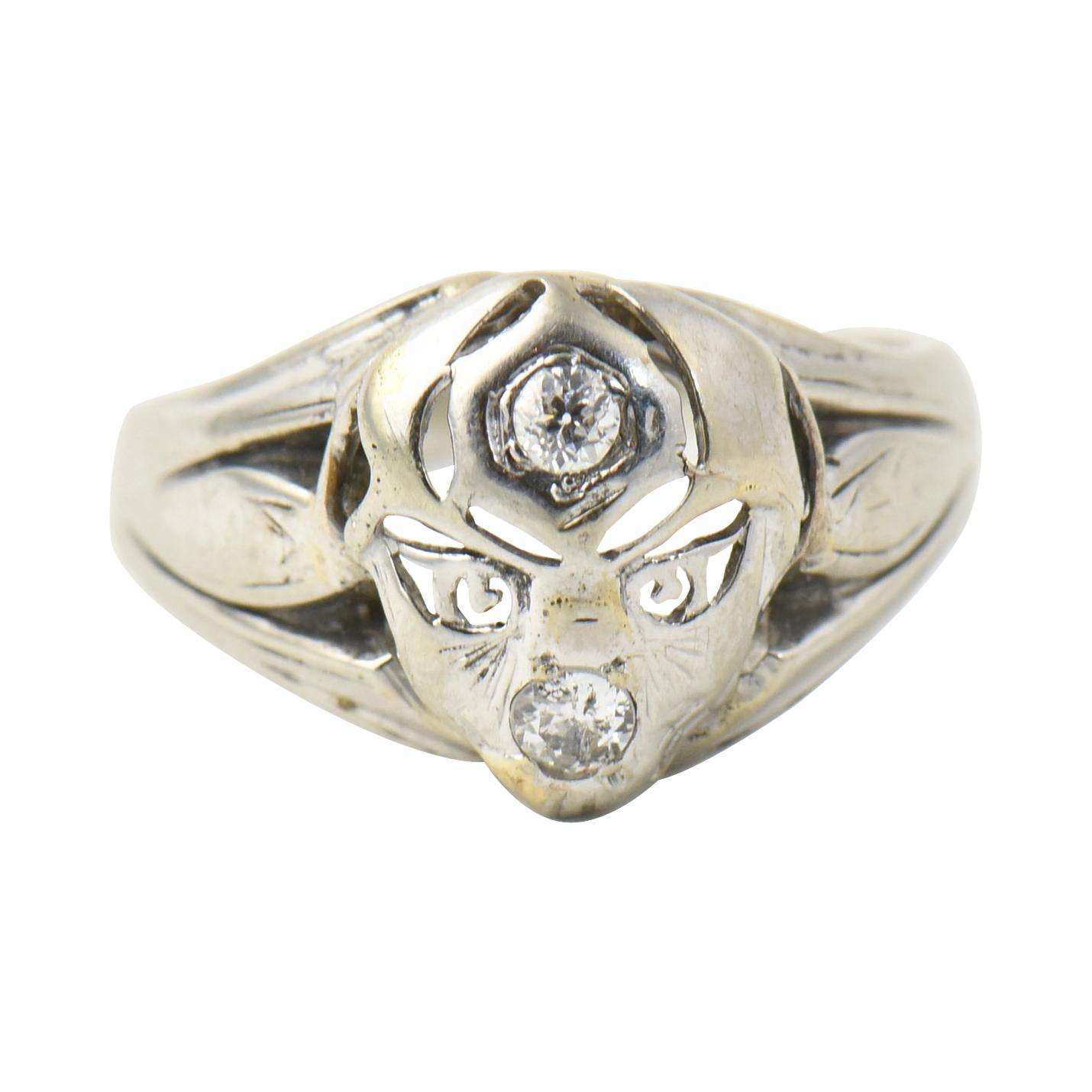 Diamond Alien Abstract or Masonic Looking Face White Gold Ring For Sale