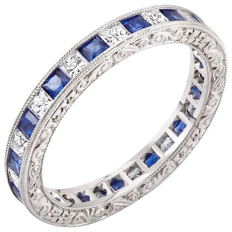 Diamond Alternating Sapphire Eternity Hand Engraved Platinum Band Ring