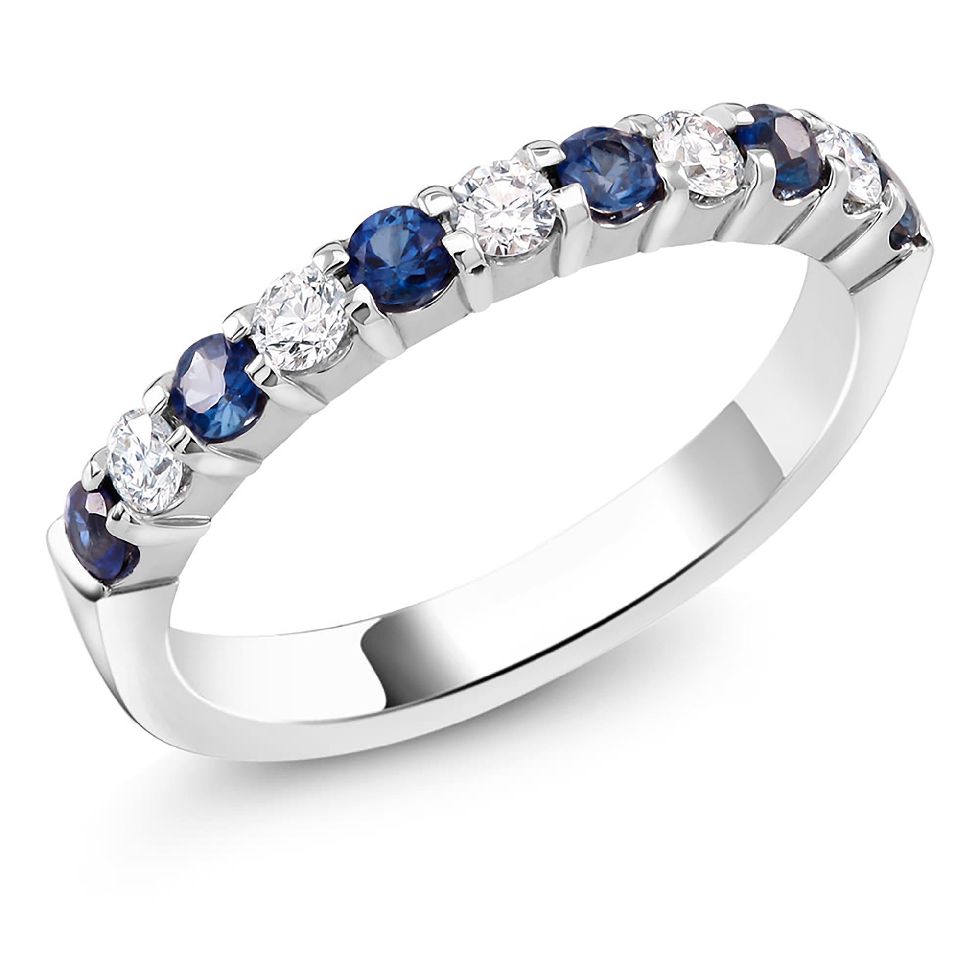 Round Cut Diamond Alternating Sapphire Partial Eighteen Karat Gold Band Ring 