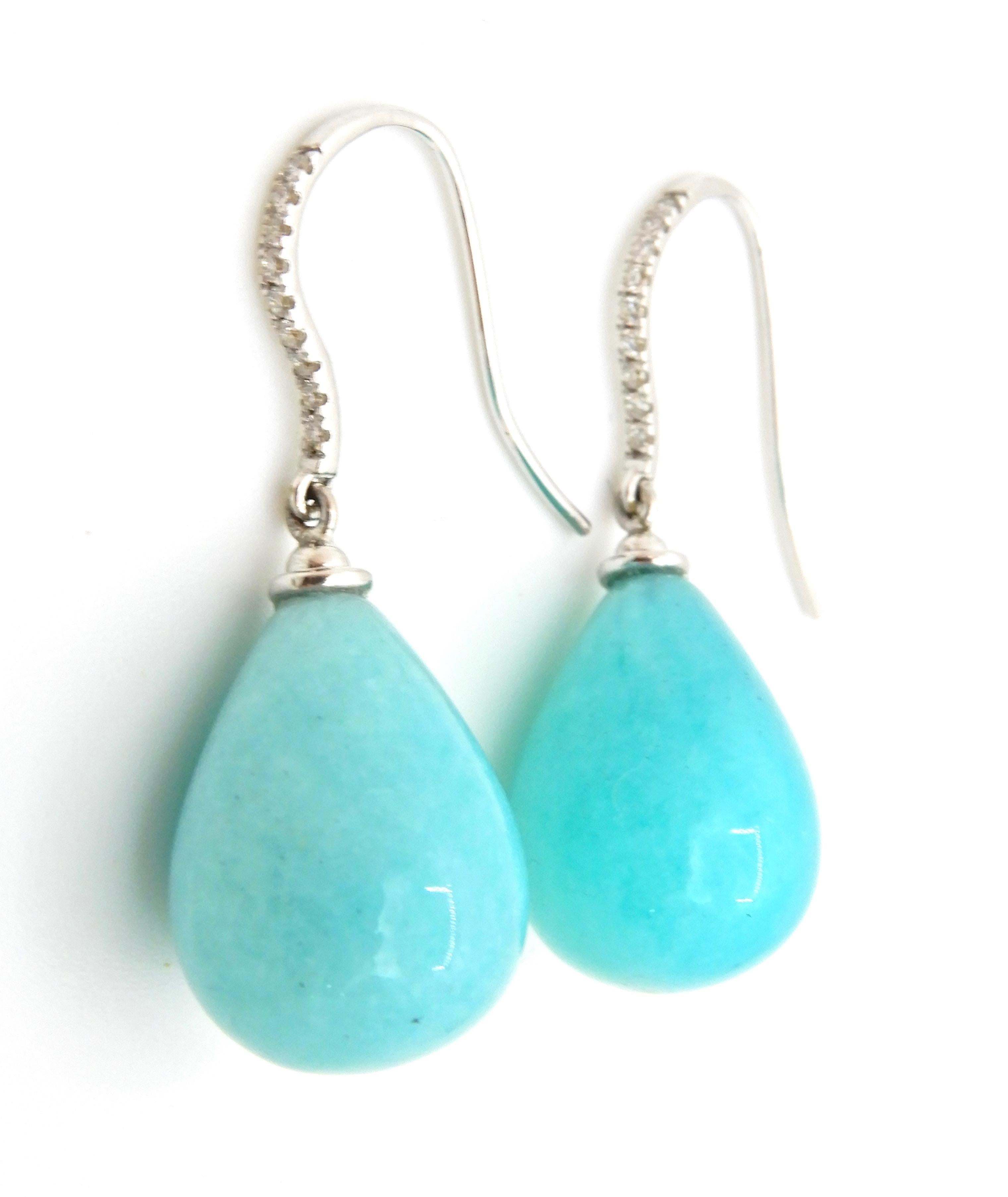 The Diamond Amazonite and 18 Carat White Gold Pacific Drop Earrings are a colourful addition to be worn every day or to add a pop of colour to your outfit.  Featuring 18 x G colour SI clarity round cut brilliant diamonds with a TDW of 0.08 carat and