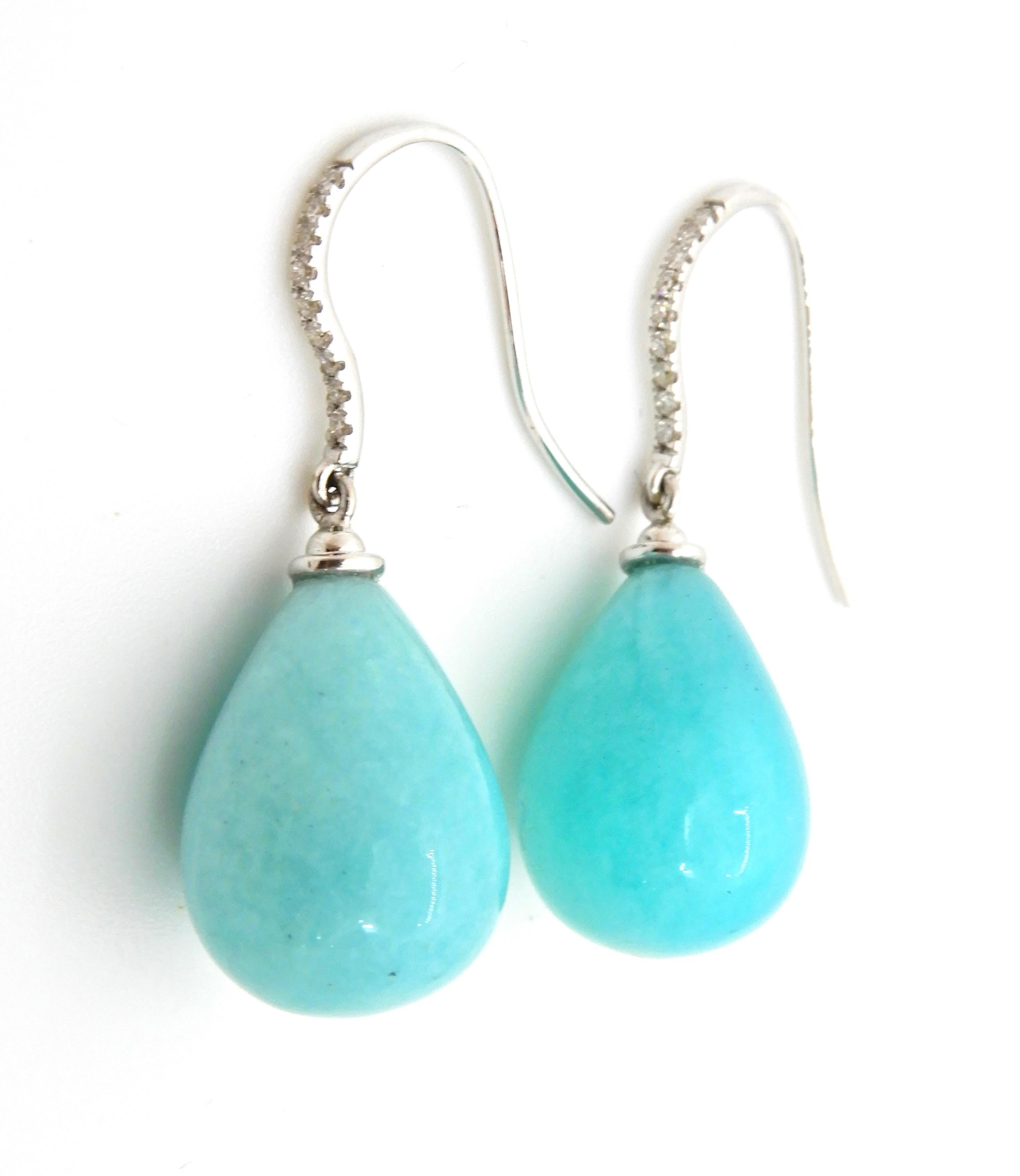 Round Cut Diamond Amazonite and 18 Carat White Gold Pacific Drop Earrings