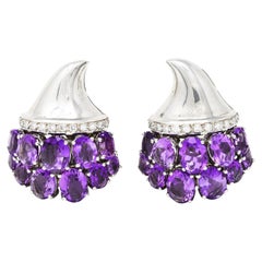 Diamond Amethyst 18 Karat White Gold Cornucopia Vintage Ear-Clip Earrings