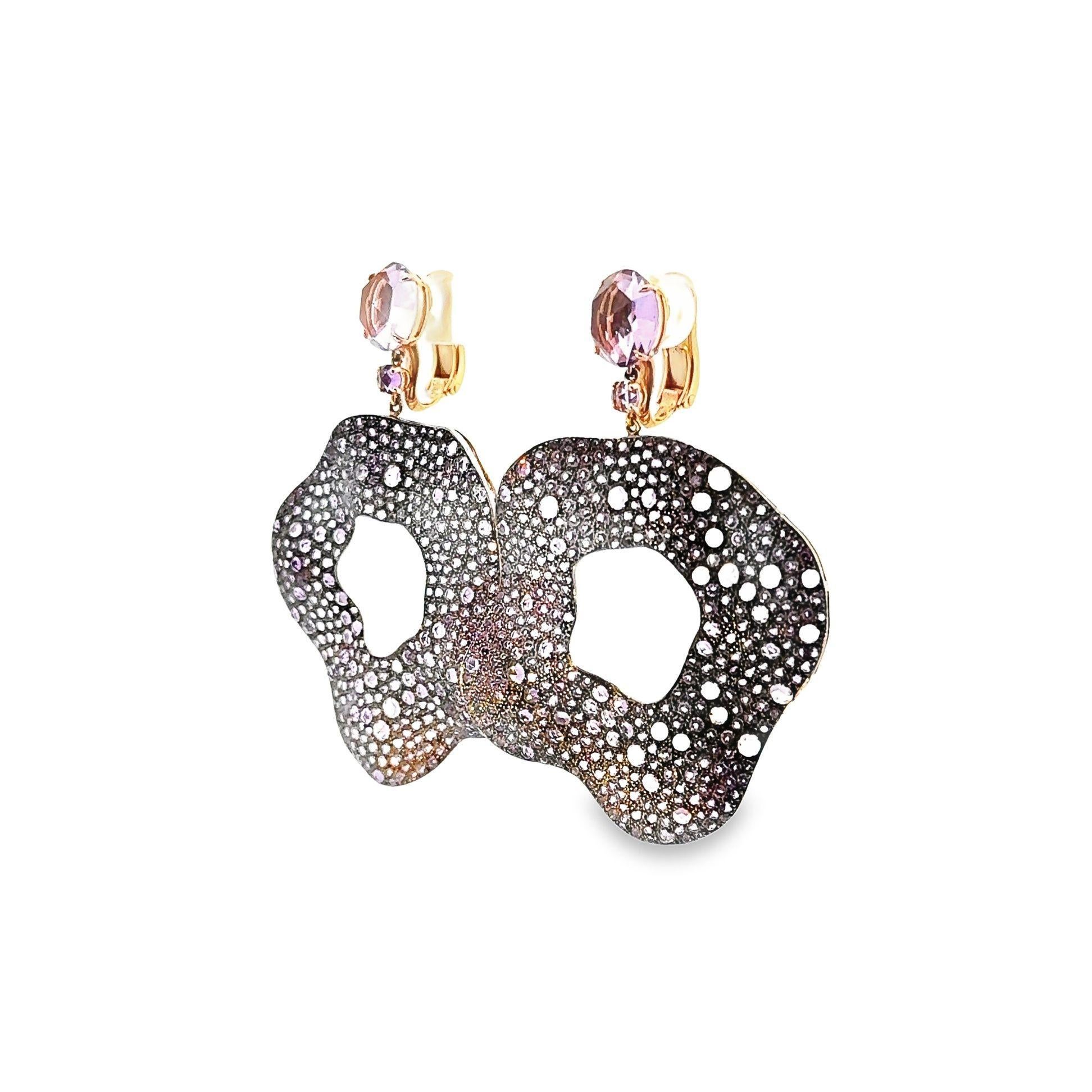 Round Cut Diamond & Amethyst 18k Rose & White Gold Dangling Drop Earrings For Sale