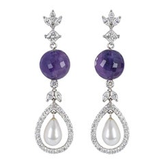 Diamond Amethyst and Pearl Dangle Drop Earrings