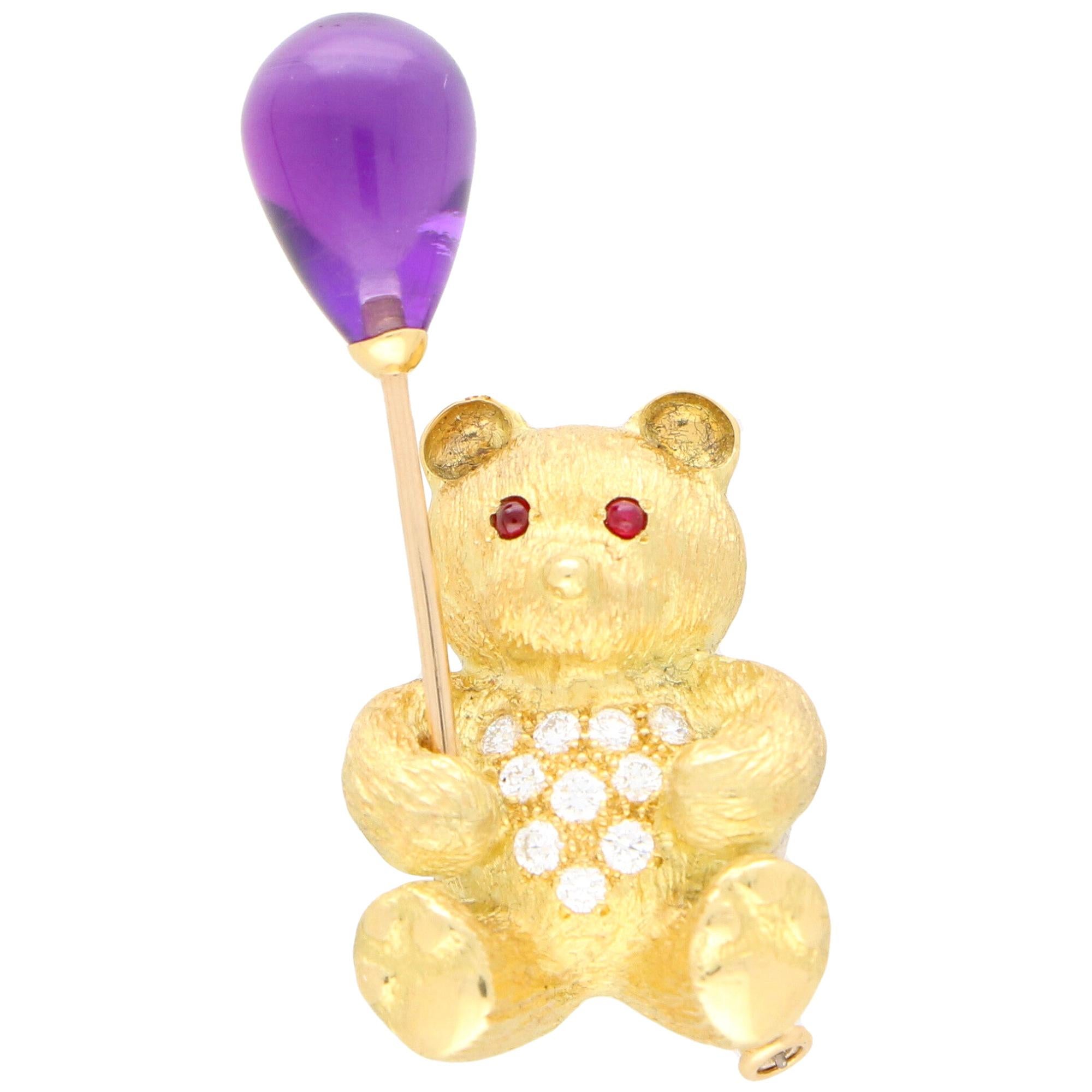 Diamond, Amethyst and Ruby Teddy Bear Pin Brooch Set in 18 Karat Yellow Gold