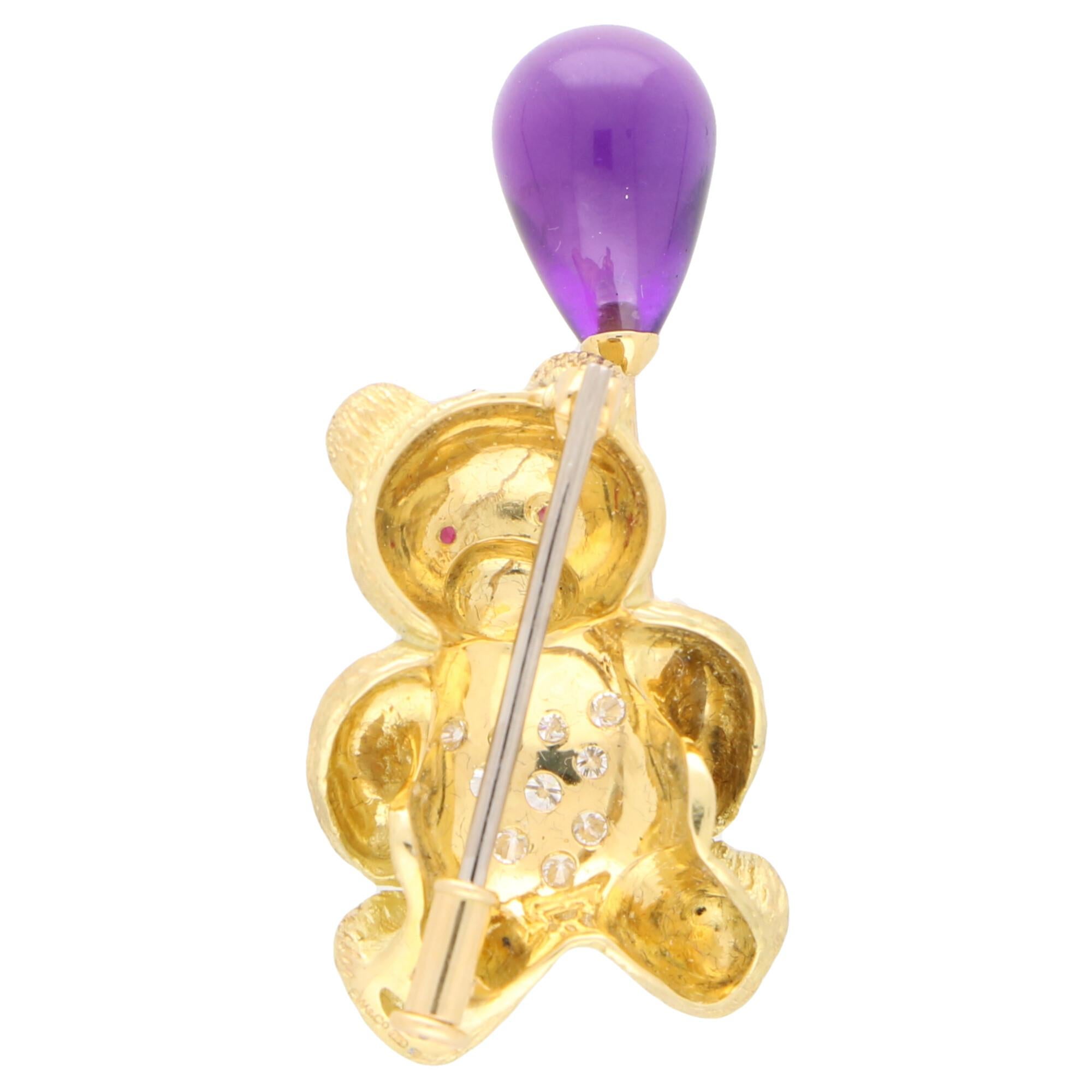 Modern Diamond, Amethyst and Ruby Teddy Bear Pin Brooch Set in 18 Karat Yellow Gold