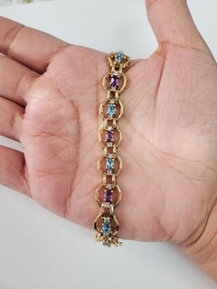 Diamond, Amethyst, Bluet Topaz Tennis Bracelet 7.28cttw 14k Yellow Gold