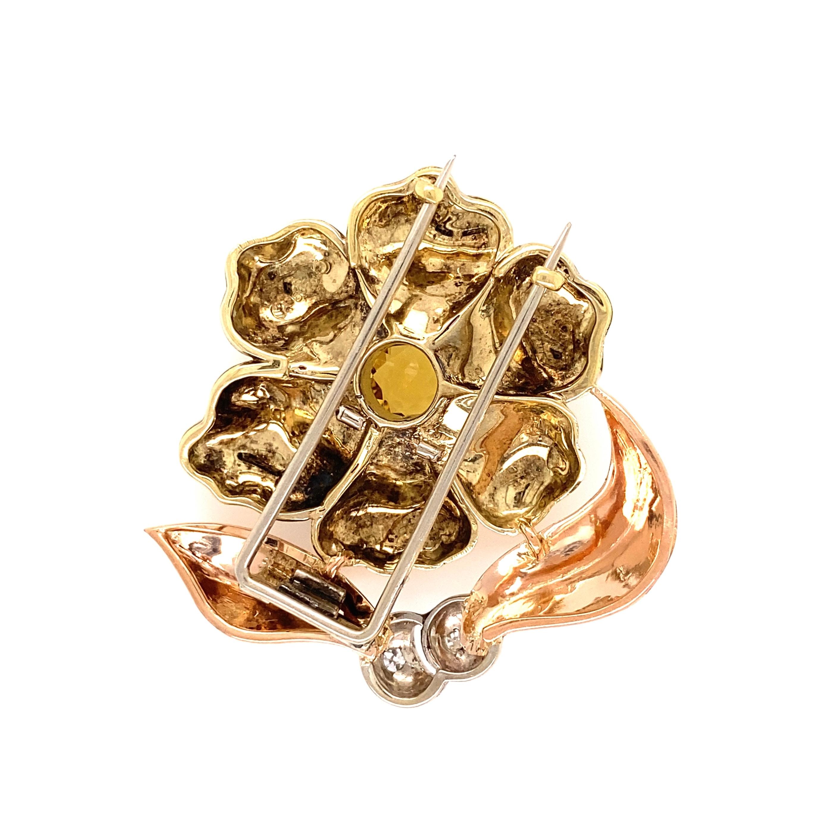 Diamant Amethyst Citrin Retro 2-Ton Gold Brosche Anstecknadel Estate Fine Jewelry im Zustand „Hervorragend“ im Angebot in Montreal, QC