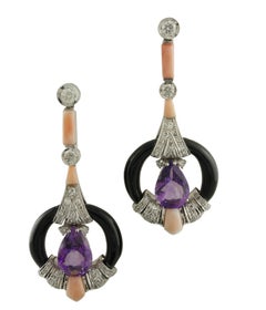 Diamonds, Amethyst Drops, Pink Coral, Onyx Rings, 14K White Gold Dangle Earrings