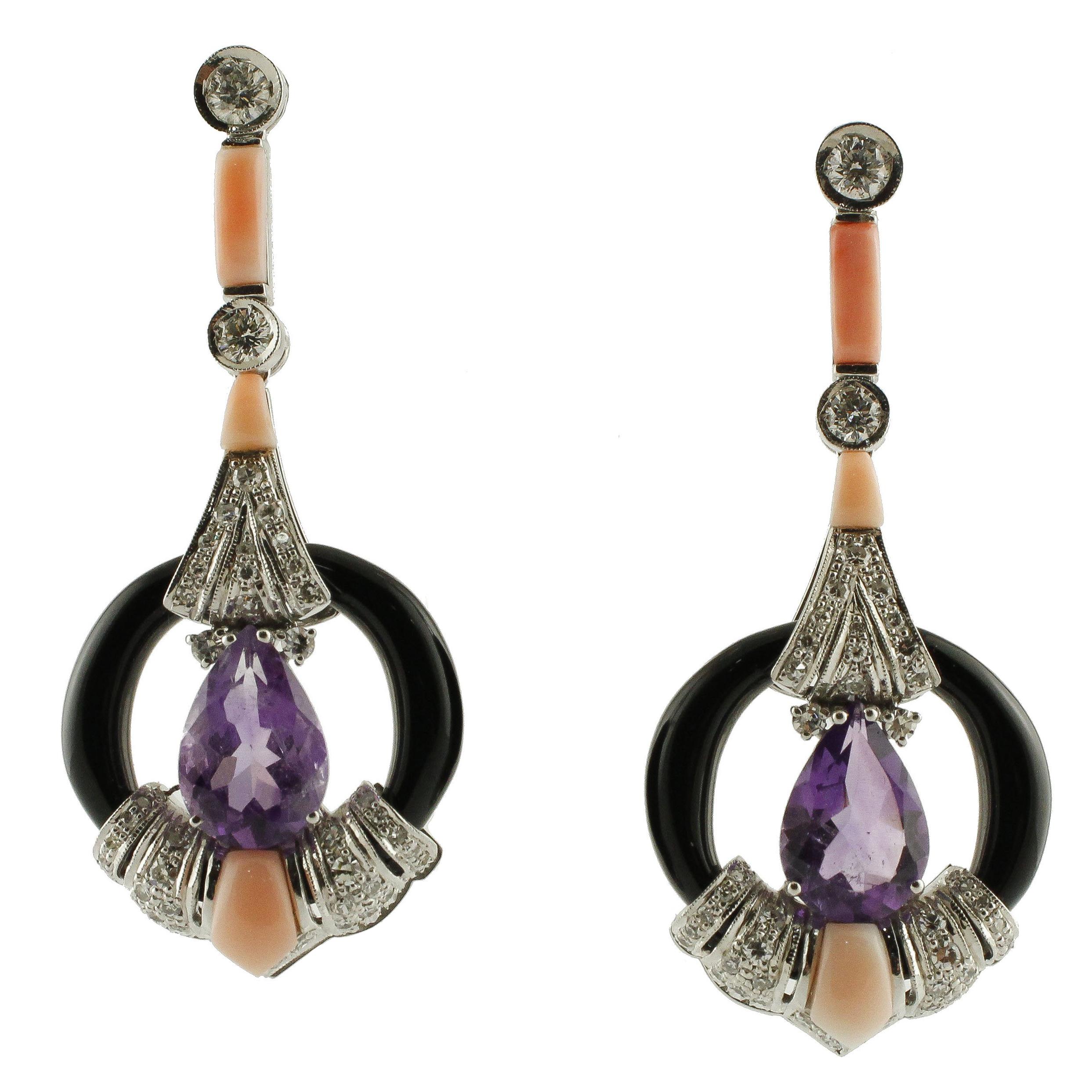 Diamonds, Amethyst Drops, Pink Coral, Onyx Rings, 14K White Gold Dangle Earrings For Sale
