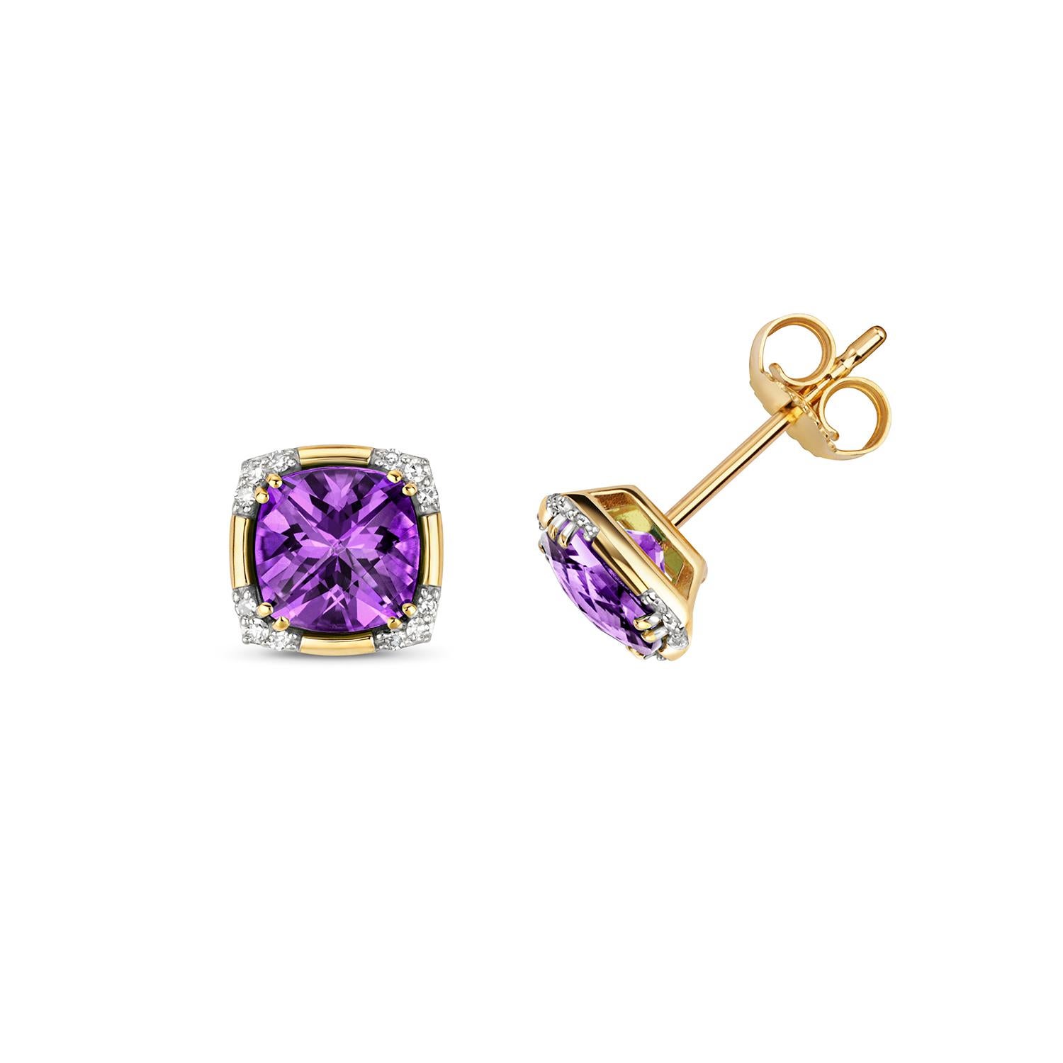 Women's DIAMOND & AMETHYST CUSHION WITH CORNER SET STUDS IN 9CT Gold. For Sale