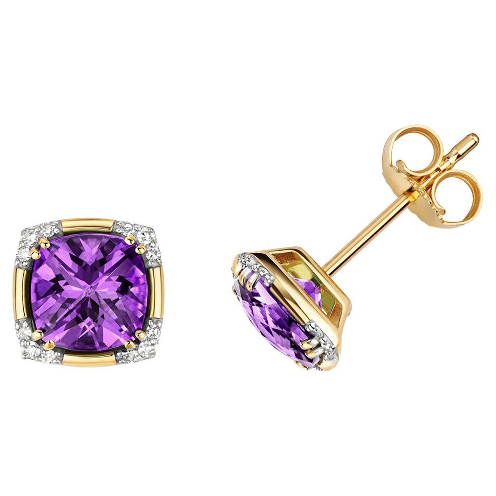 DIAMOND & AMETHYST CUSHION WITH CORNER SET STUDS IN 9CT Gold. For Sale
