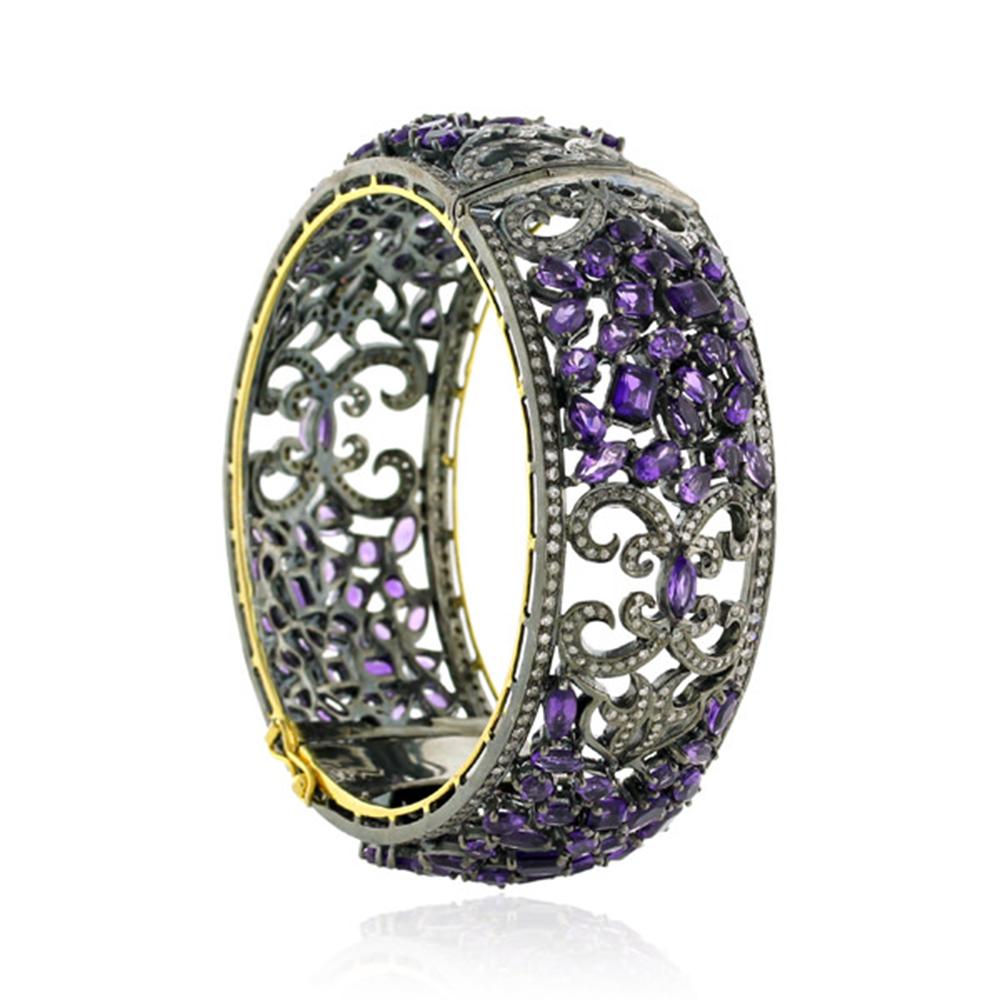 Moderno Bracciale a mosaico con diamanti e ametista in argento e oro 18 carati in vendita