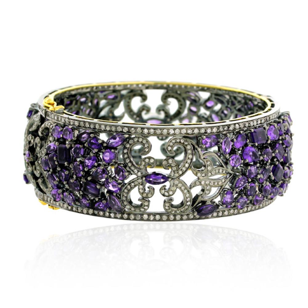 Taglio misto Bracciale a mosaico con diamanti e ametista in argento e oro 18 carati in vendita
