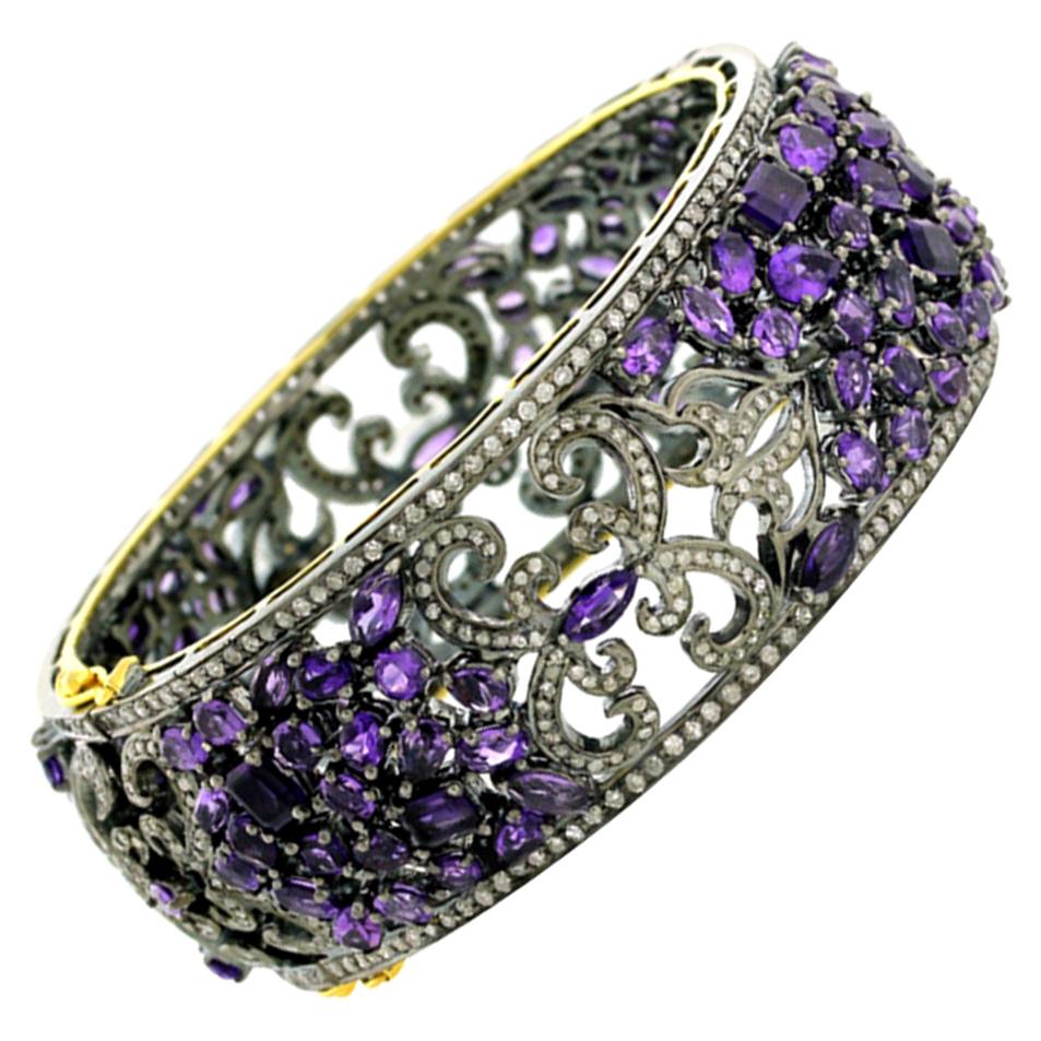 Bracelet jonc de créateur en argent et or 18 carats avec mosaïque de diamants et améthystes