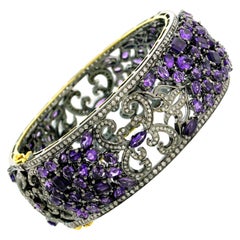 Diamond Amethyst Designer Mosaic Bangle Bracelet in Silver and 18k Gold