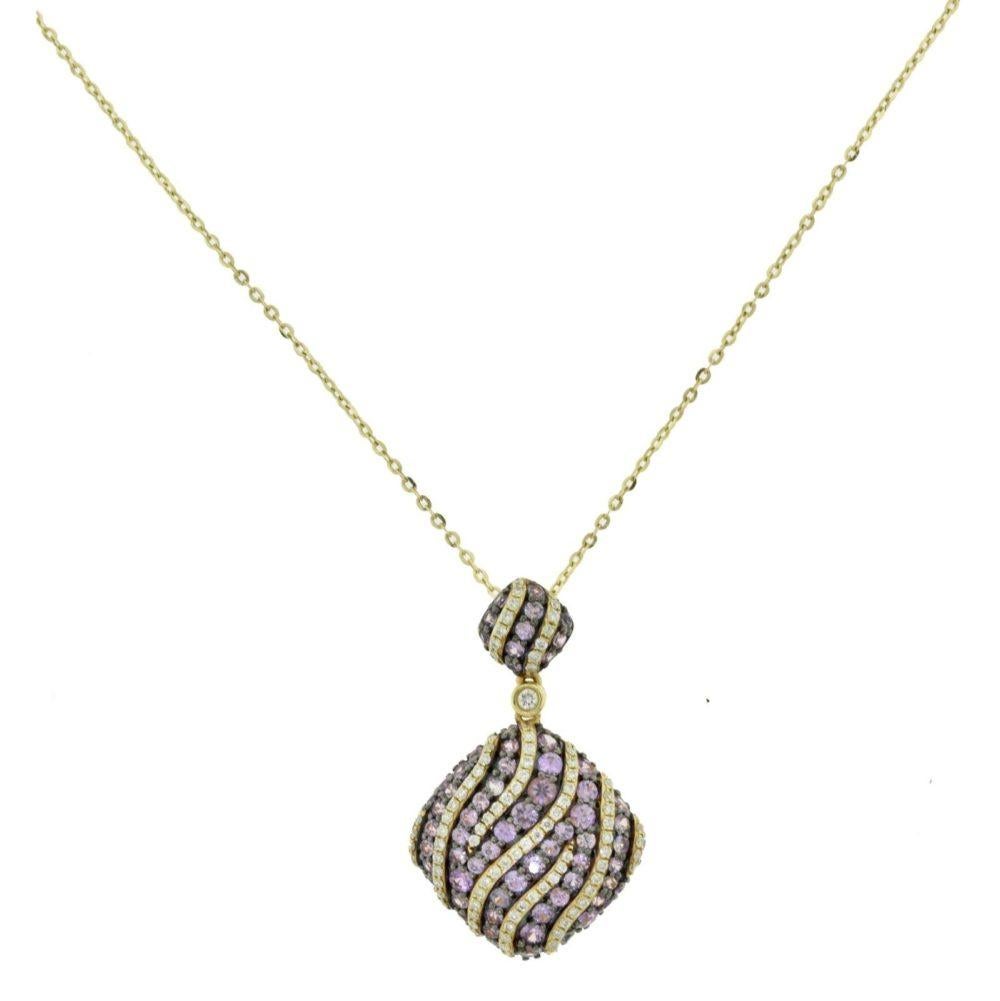 Brilliant Cut Diamond & Amethyst Double Diamond Drop Swivel Pendant Necklace Yellow Gold For Sale