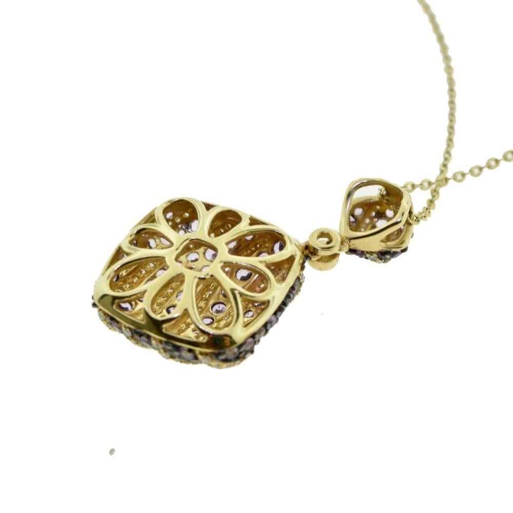 Diamond & Amethyst Double Diamond Drop Swivel Pendant Necklace Yellow Gold In Good Condition For Sale In Miami, FL